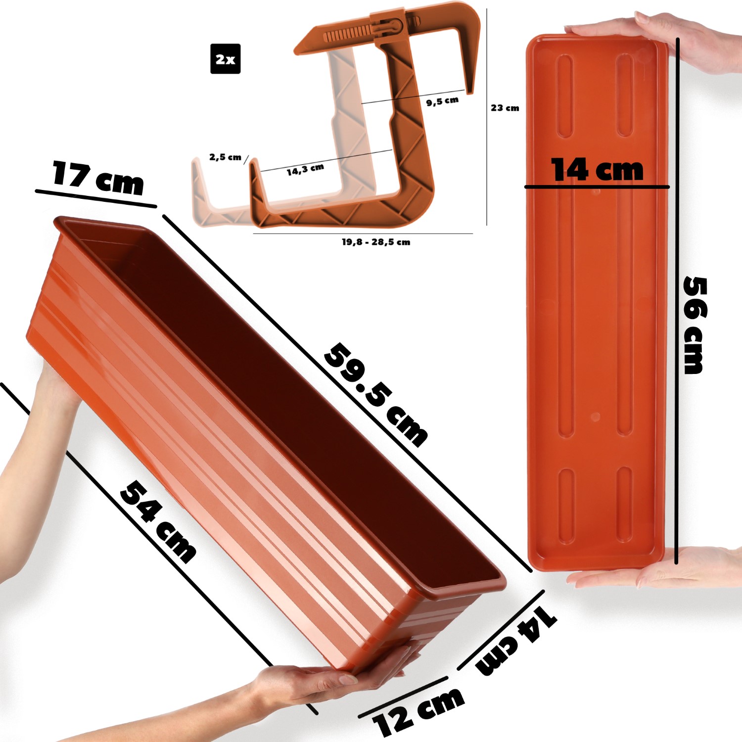 Doniczka balkonowa Cati + podstawka + uchwyty 60 cm, terrakota