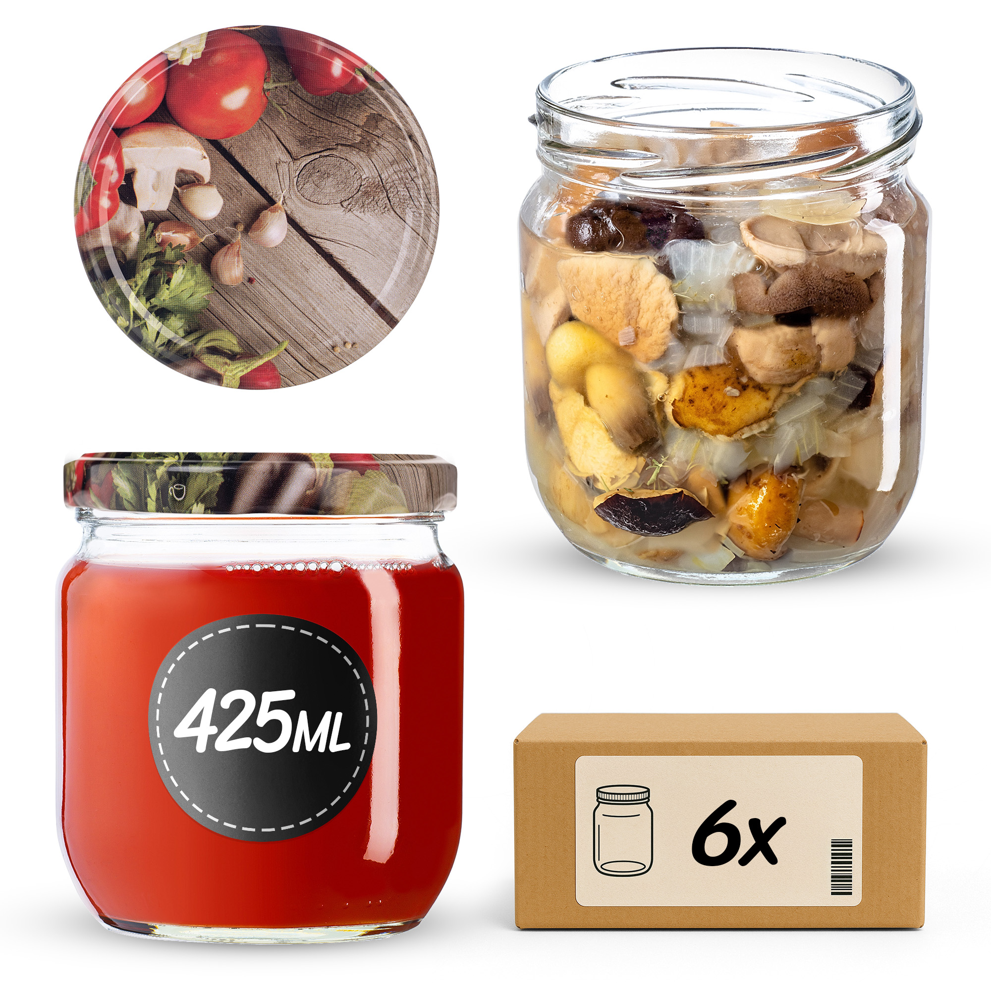 Słoiki na przetwory Salla 425ml fi82mm 6szt + wieczko Warzywa