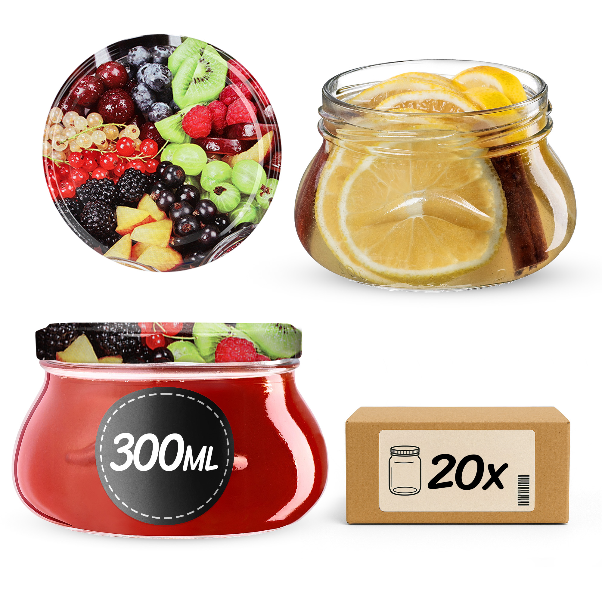 Słoiki na przetwory Raja 300ml 20szt 82mm + wieczka "Owoce"