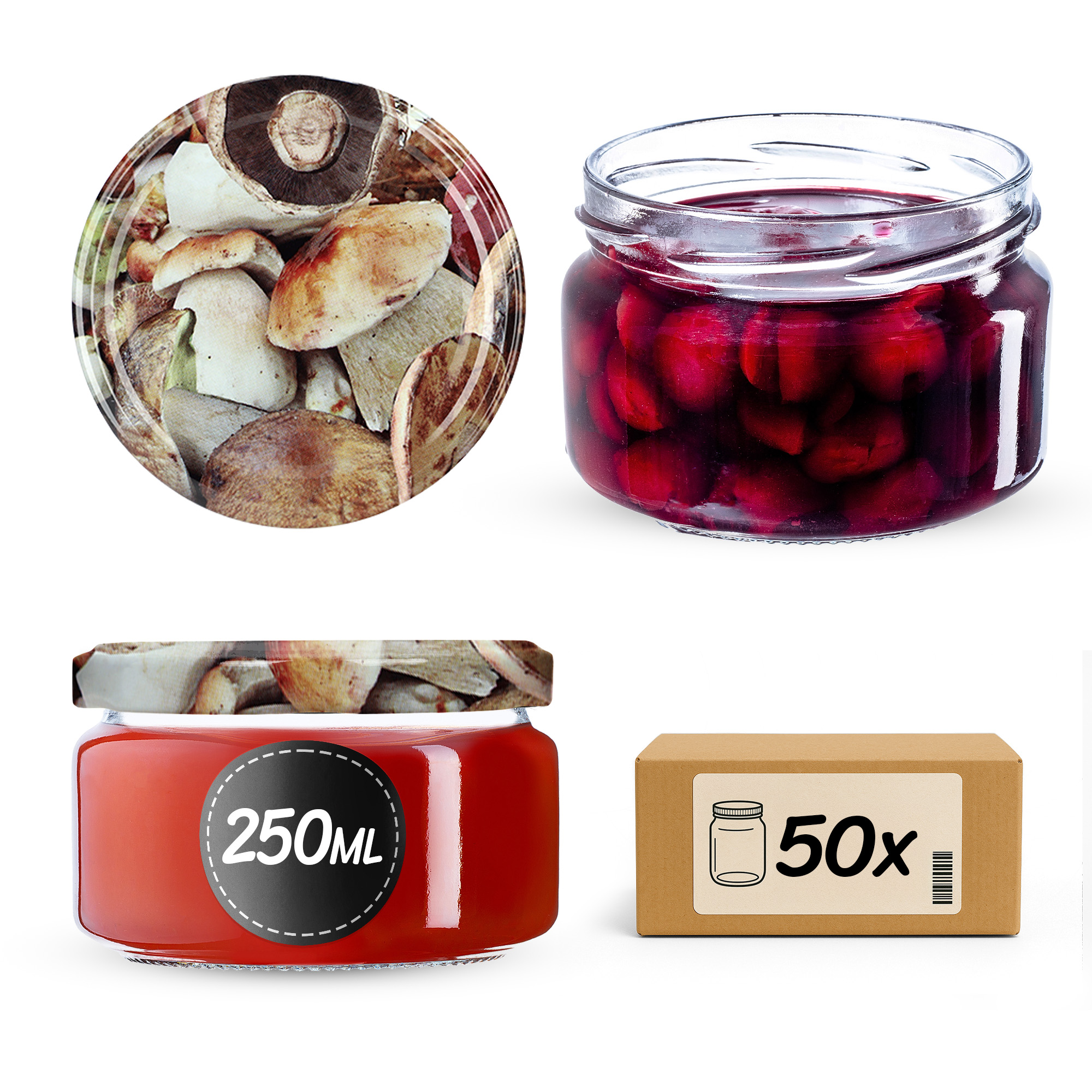 Słoiki na przetwory Denia 250ml 50szt 82mm + wieczko "Grzyby"