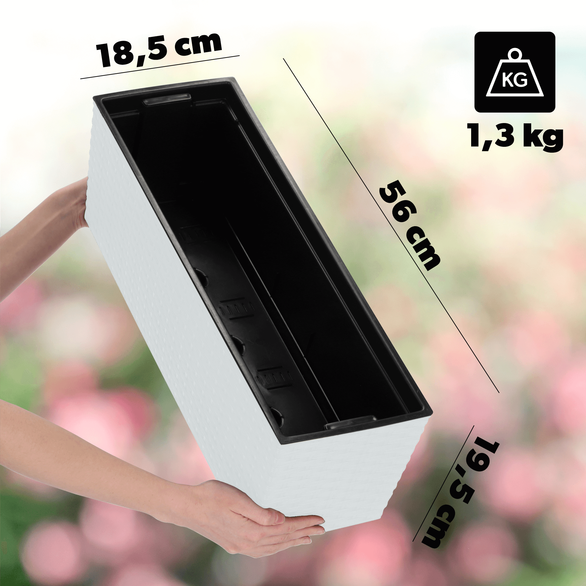 Doniczka balkonowa rattan z wkładem Murano 56 x 19 cm, biała