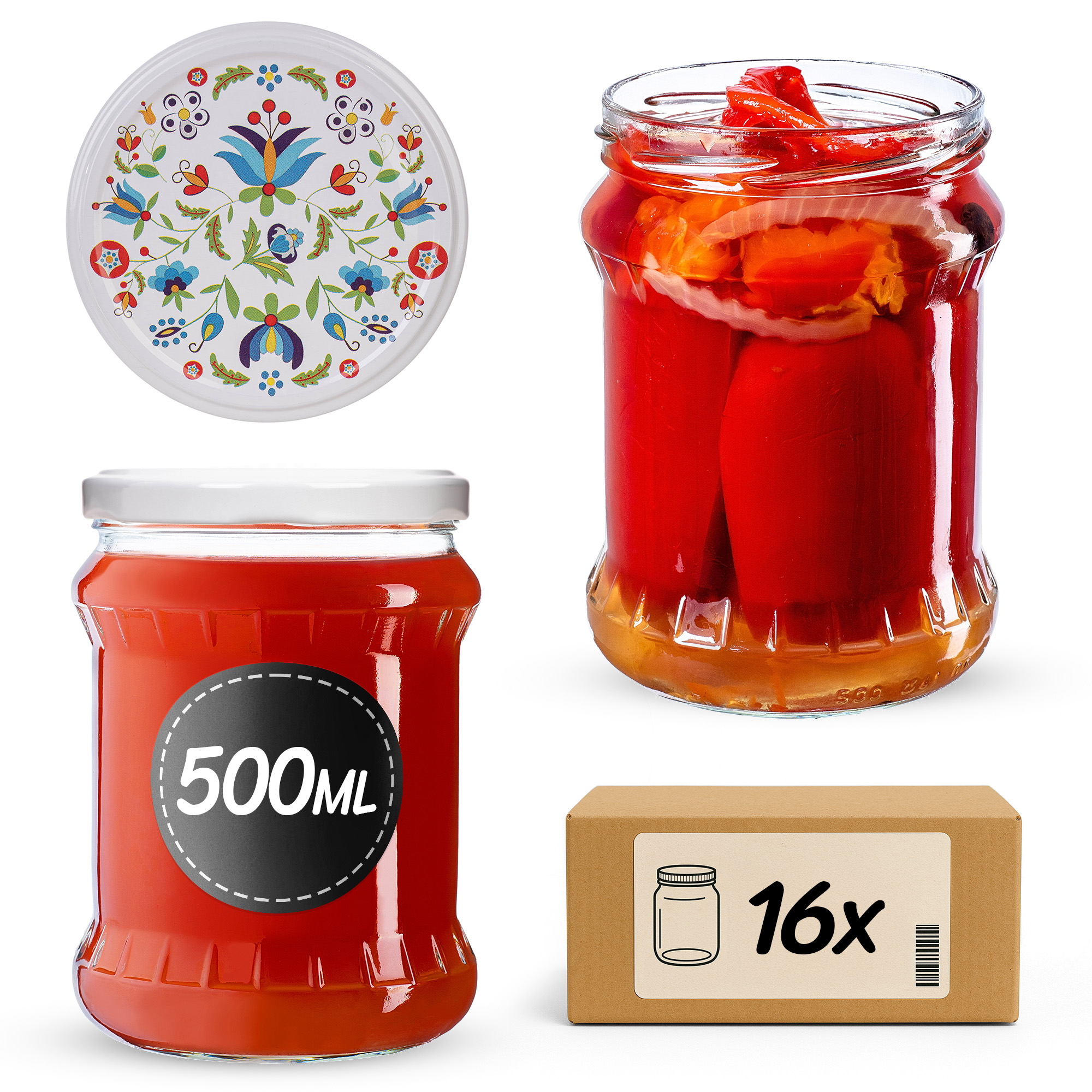 Słoiki na przetwory Kisko 500ml fi82mm 16szt + wieczko Kaszuby