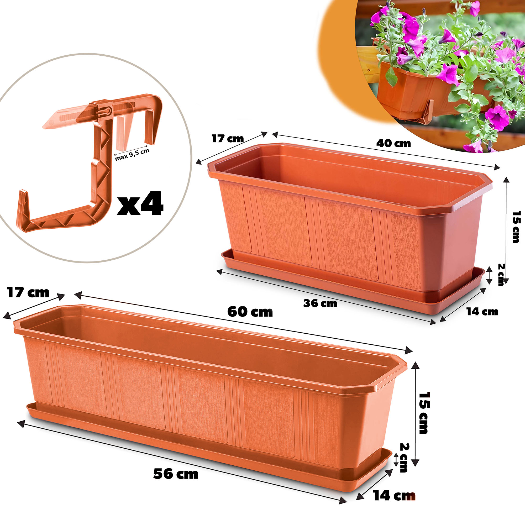 Doniczka balkonowa z uchwytami Oste 40 cm + 60 cm, terakota