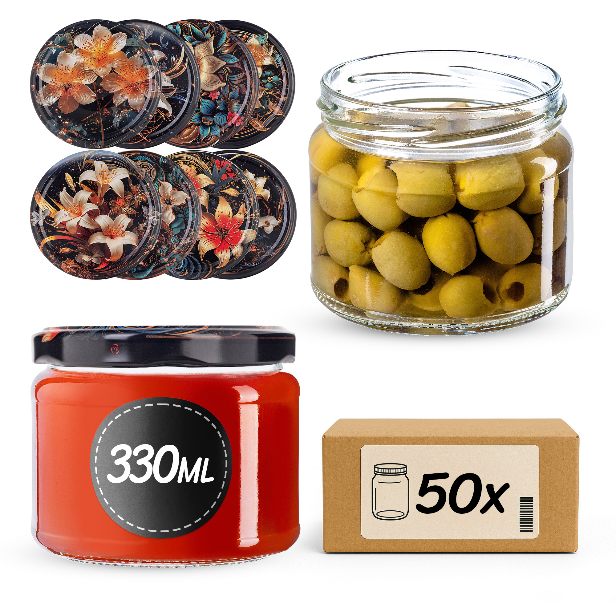Słoiki na przetwory Sonka 330ml fi82mm 50szt + wieczko Kwiaty