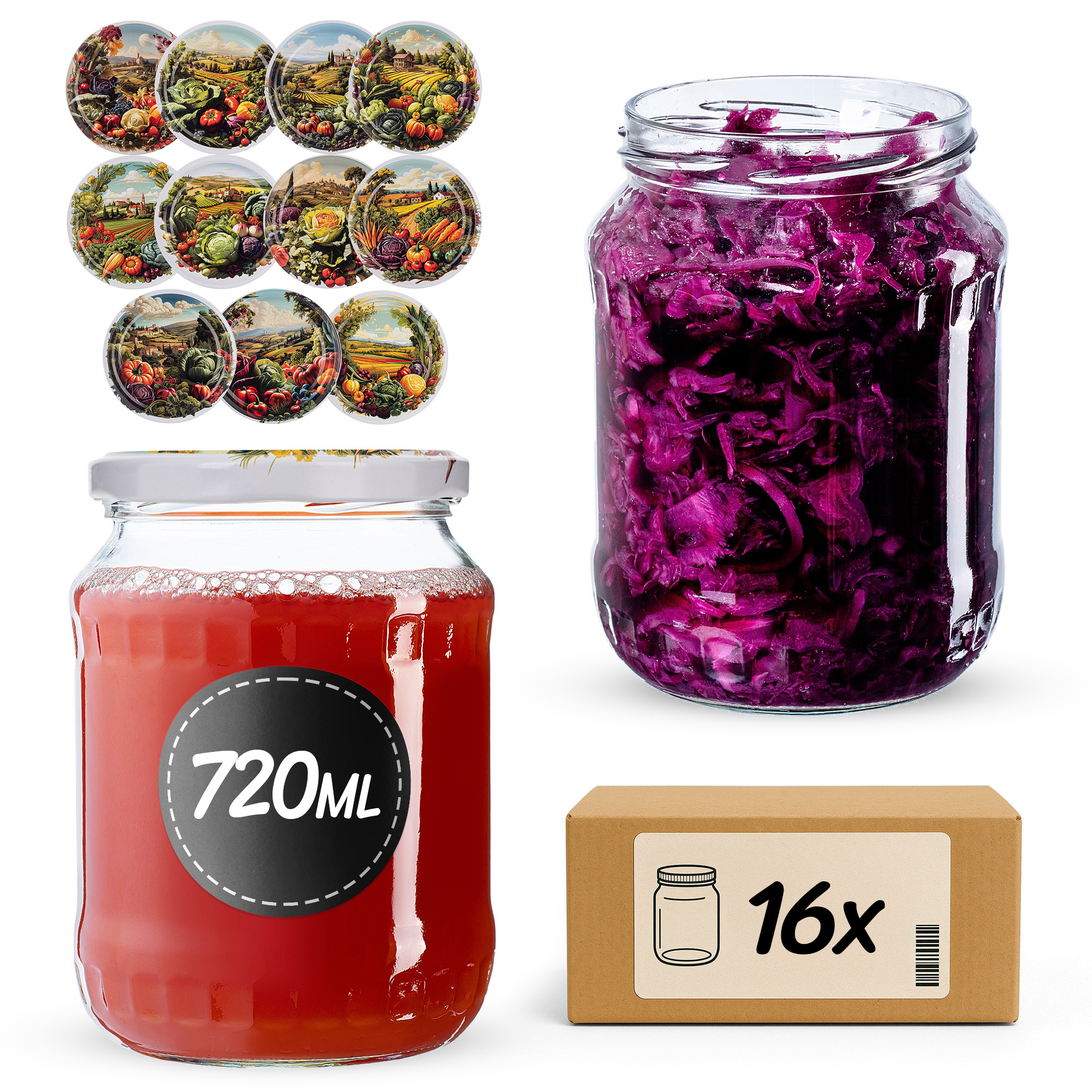 Słoiki na przetwory Jukka 720ml fi82mm 16szt + wieczko Warzywa mix