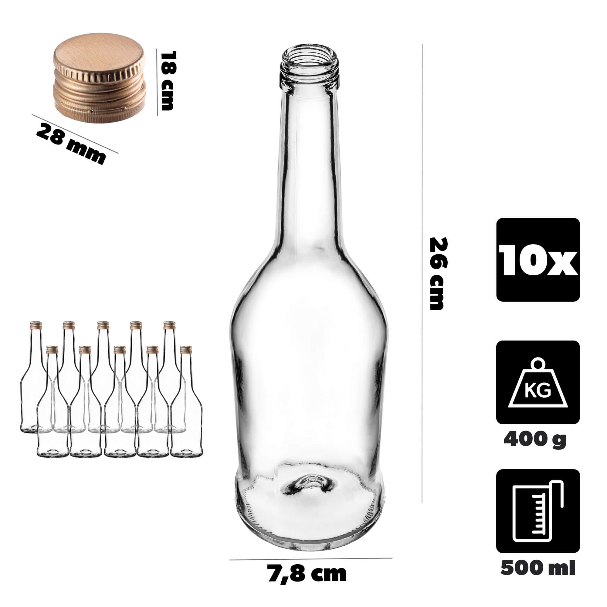 Szklana butelka na nalewkę Loiret 500ml ze złotą zakrętką 10 szt.