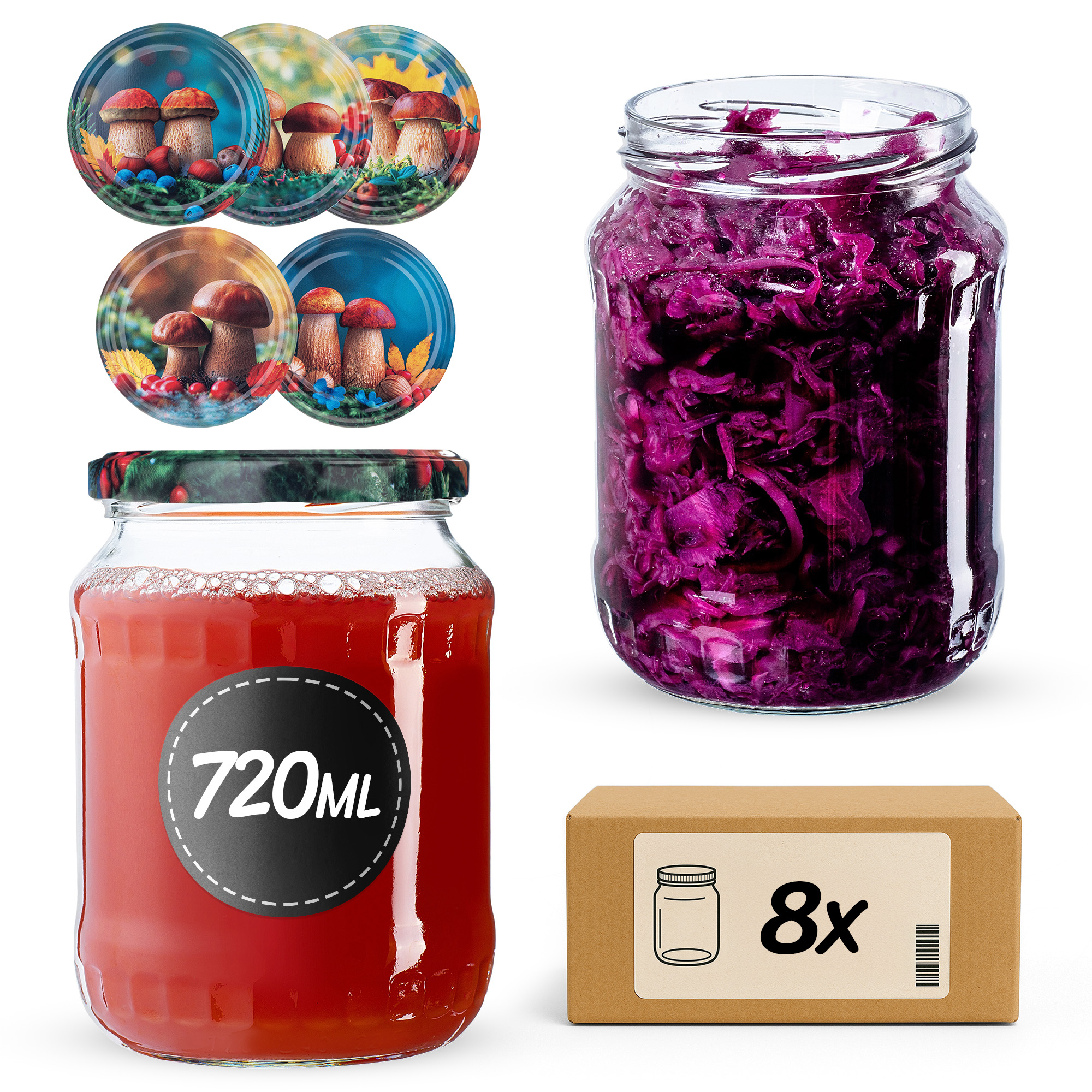 Słoiki na przetwory Jukka 720ml fi82mm 8szt + wieczko Grzyb polski