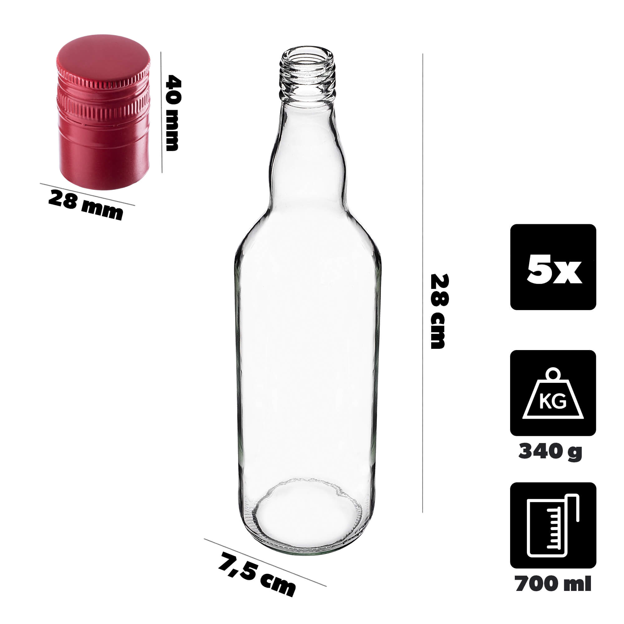 Szklana butelka Monopol 700ml z długą czerwoną zakrętką 5 szt.