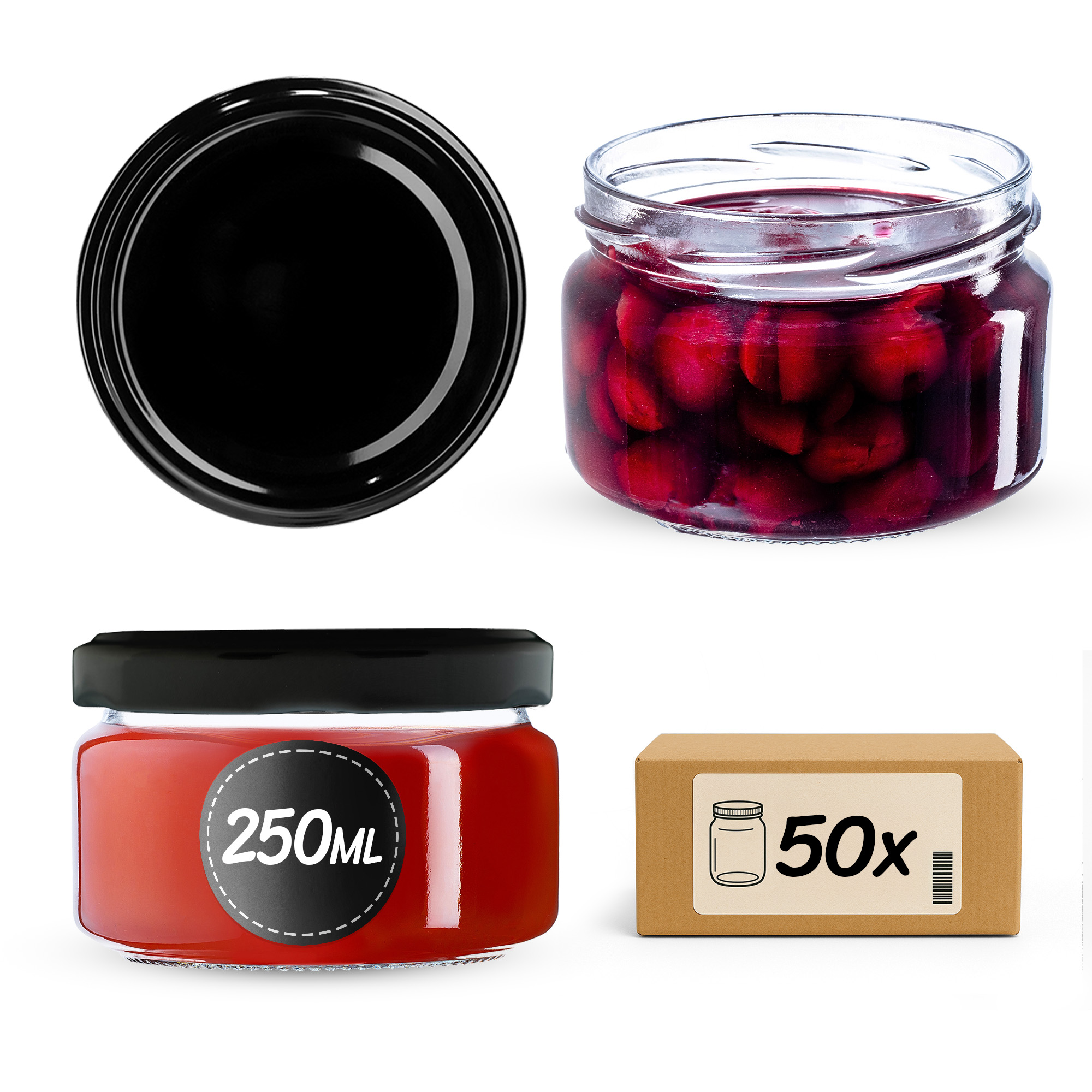 Słoiki na przetwory Denia 250ml 50szt 82mm + wieczko czarne