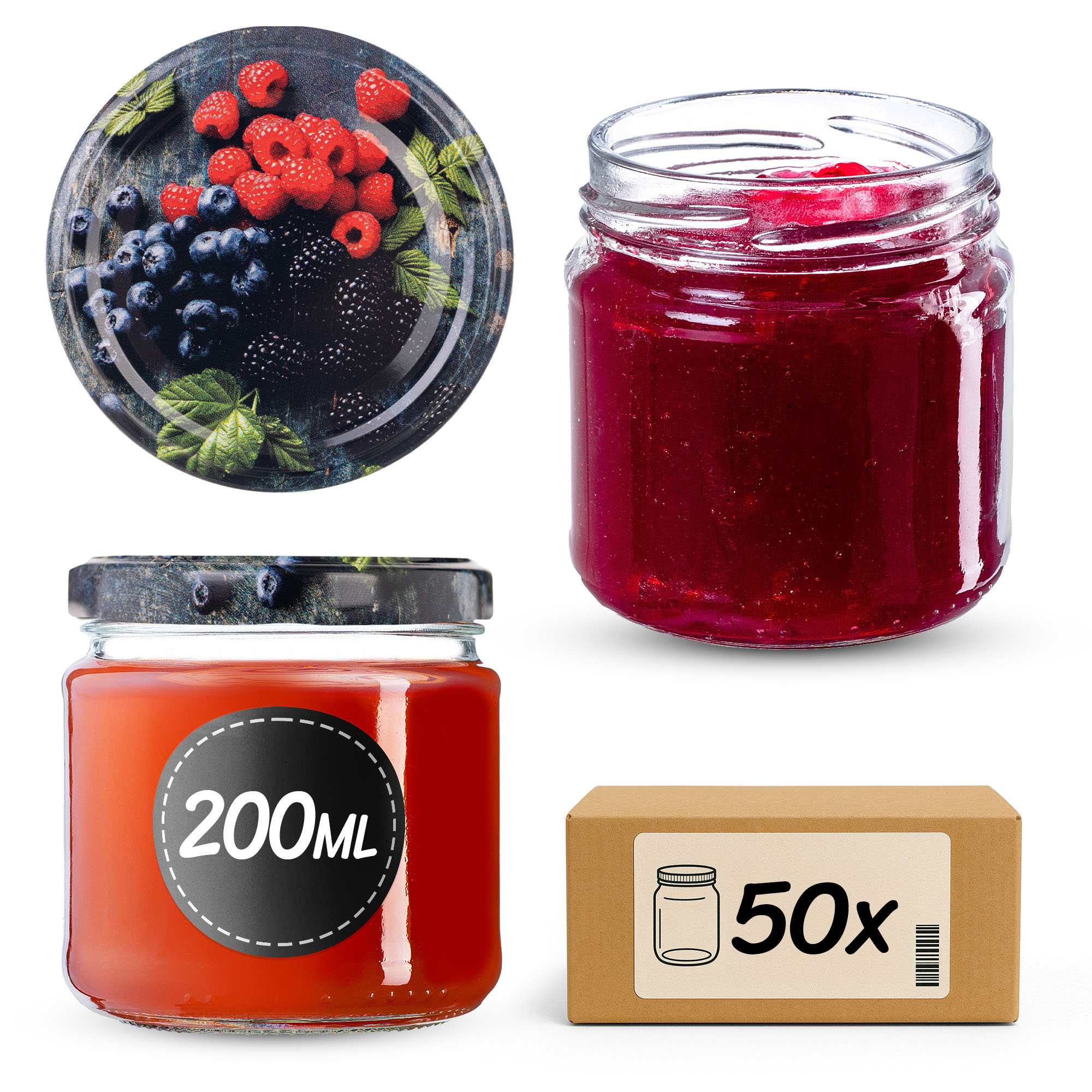 Słoiki na przetwory Lerma 200ml 50szt 66mm + wieczka "Owoce leśne"