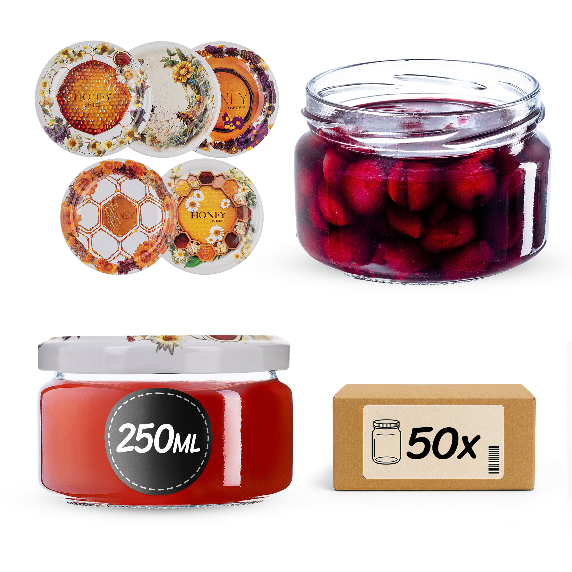 Słoiki na przetwory Denia 250ml 50szt 82mm + wieczko "Słodki miód"