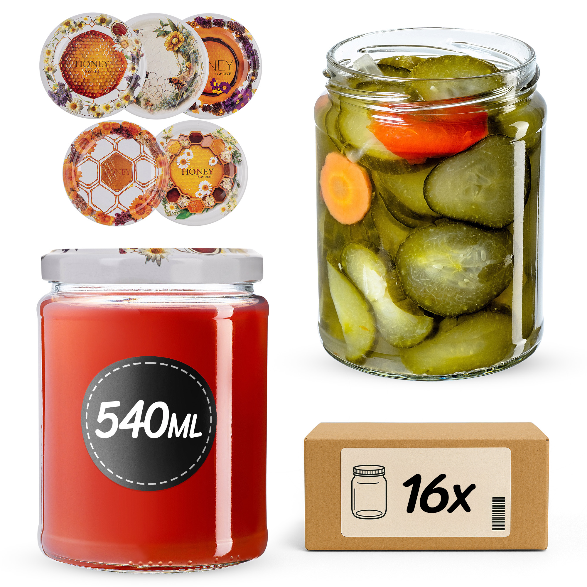Słoiki na przetwory Maki 540ml fi82mm 16szt + wieczko Miodowy mix