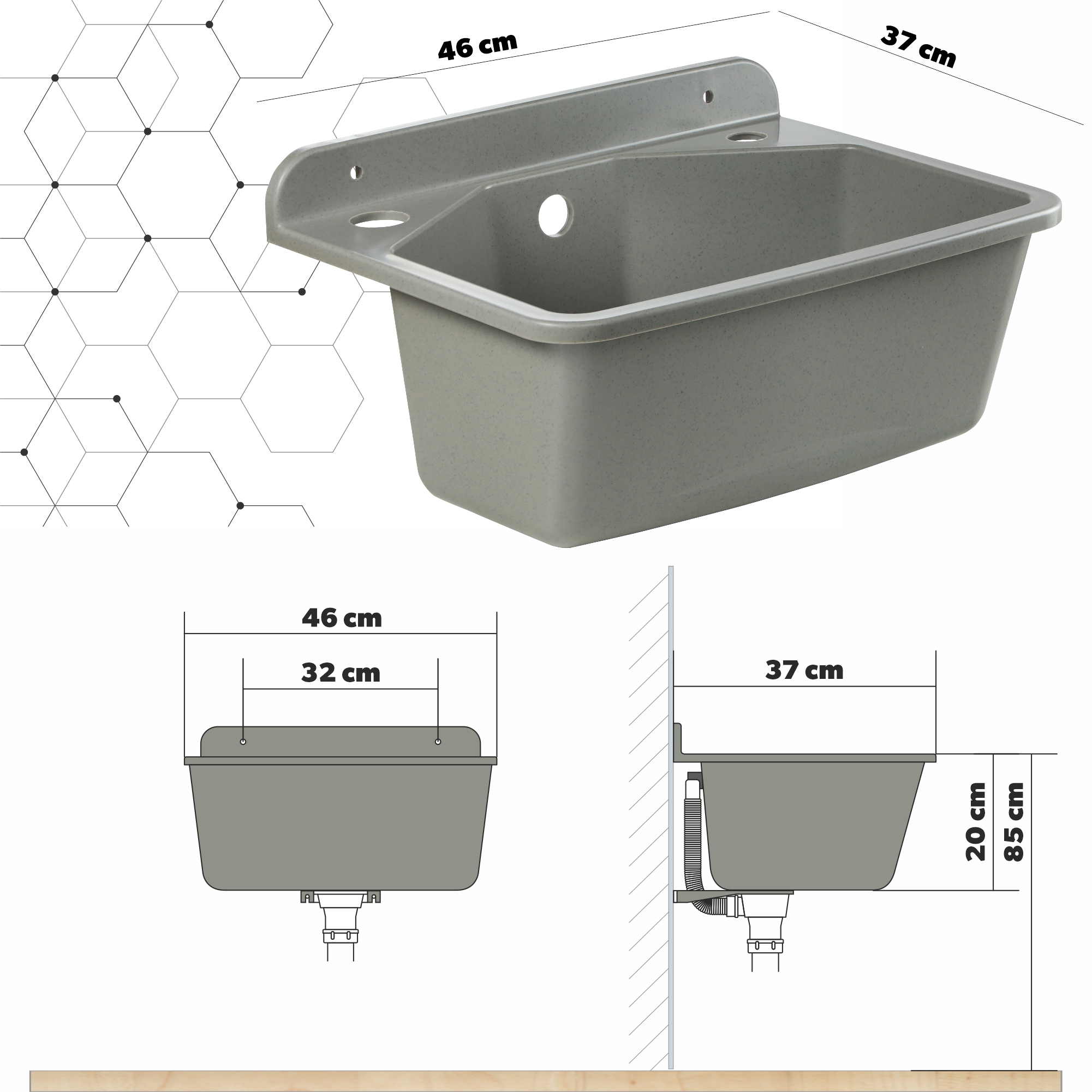 Zlew gospodarczy z wyciąganą baterią i dozownikiem Gospo F, szary