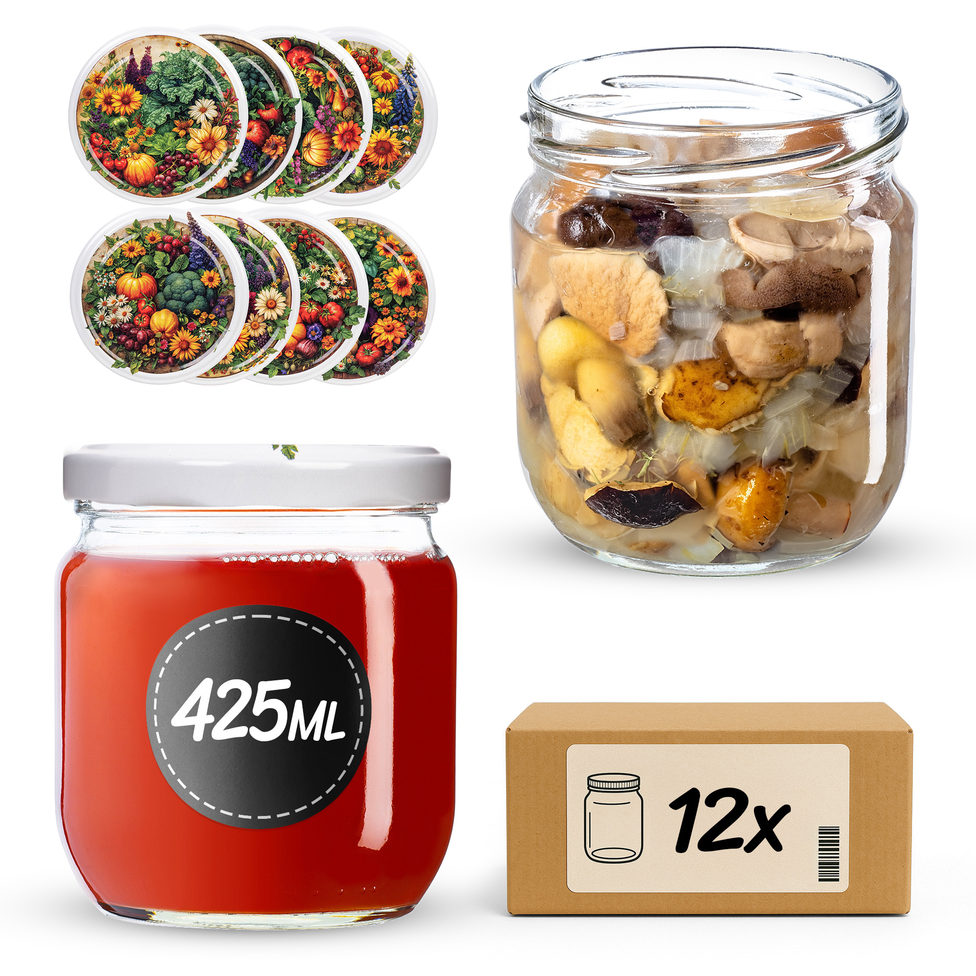 Słoiki na przetwory Salla 425ml fi82mm 12szt + wieczko Warzywny mix