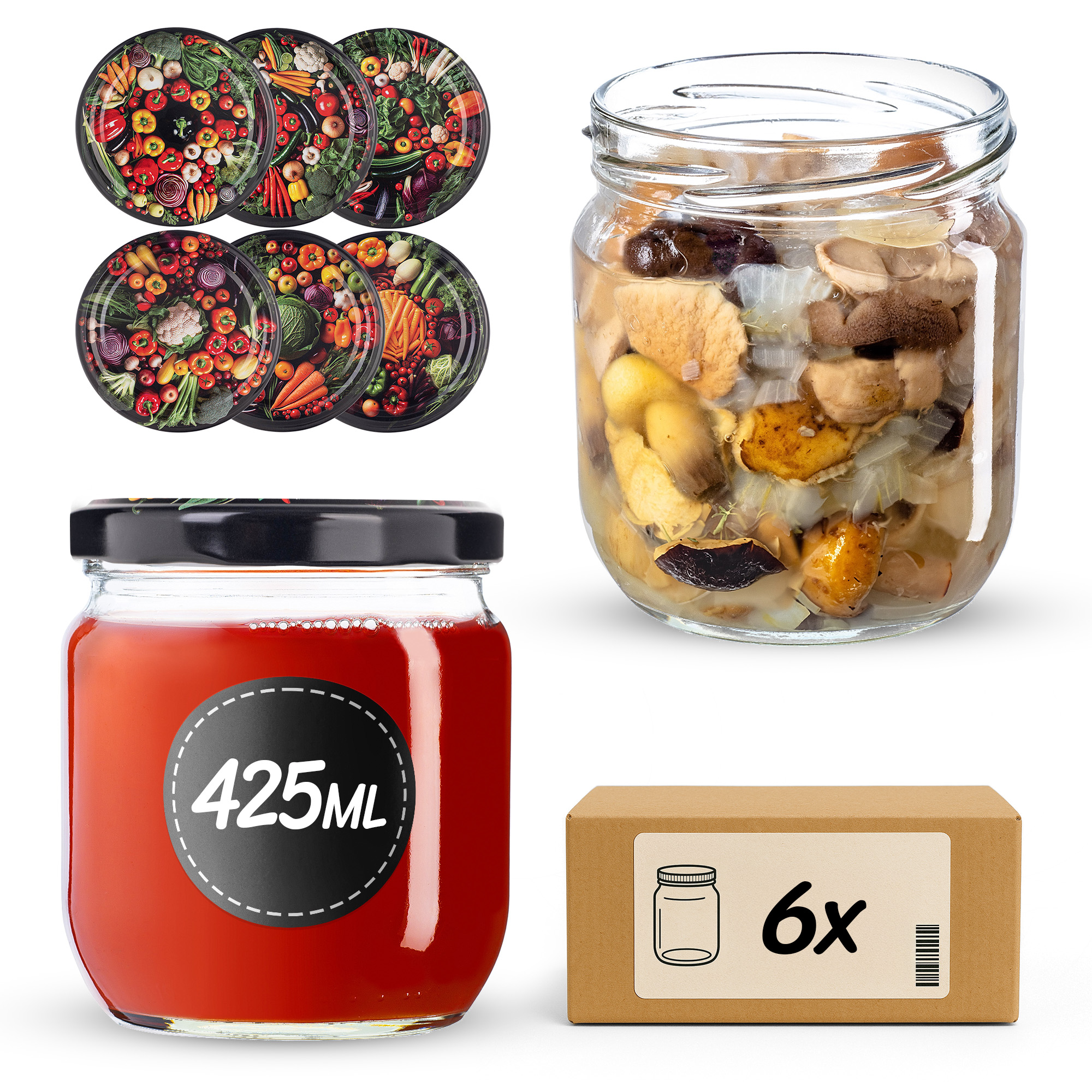 Słoiki na przetwory Salla 425ml fi82mm 6szt + wieczko Warzywa mix