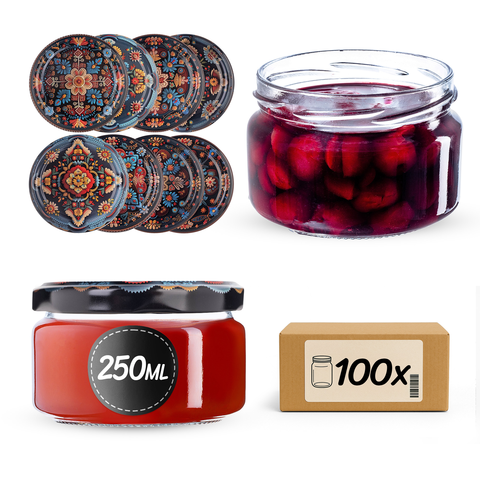 Słoiki na przetwory Denia 250ml 100szt 82mm + wieczko "Haftowanka"