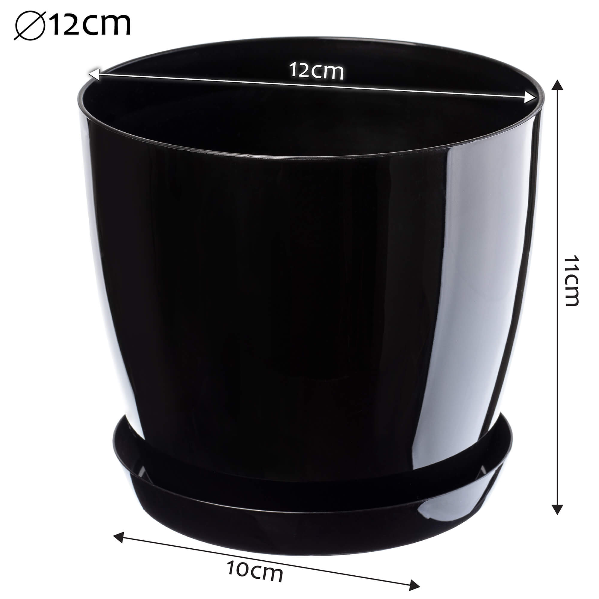 Doniczka na kwiaty z podstawką 12 cm, czarna gładka