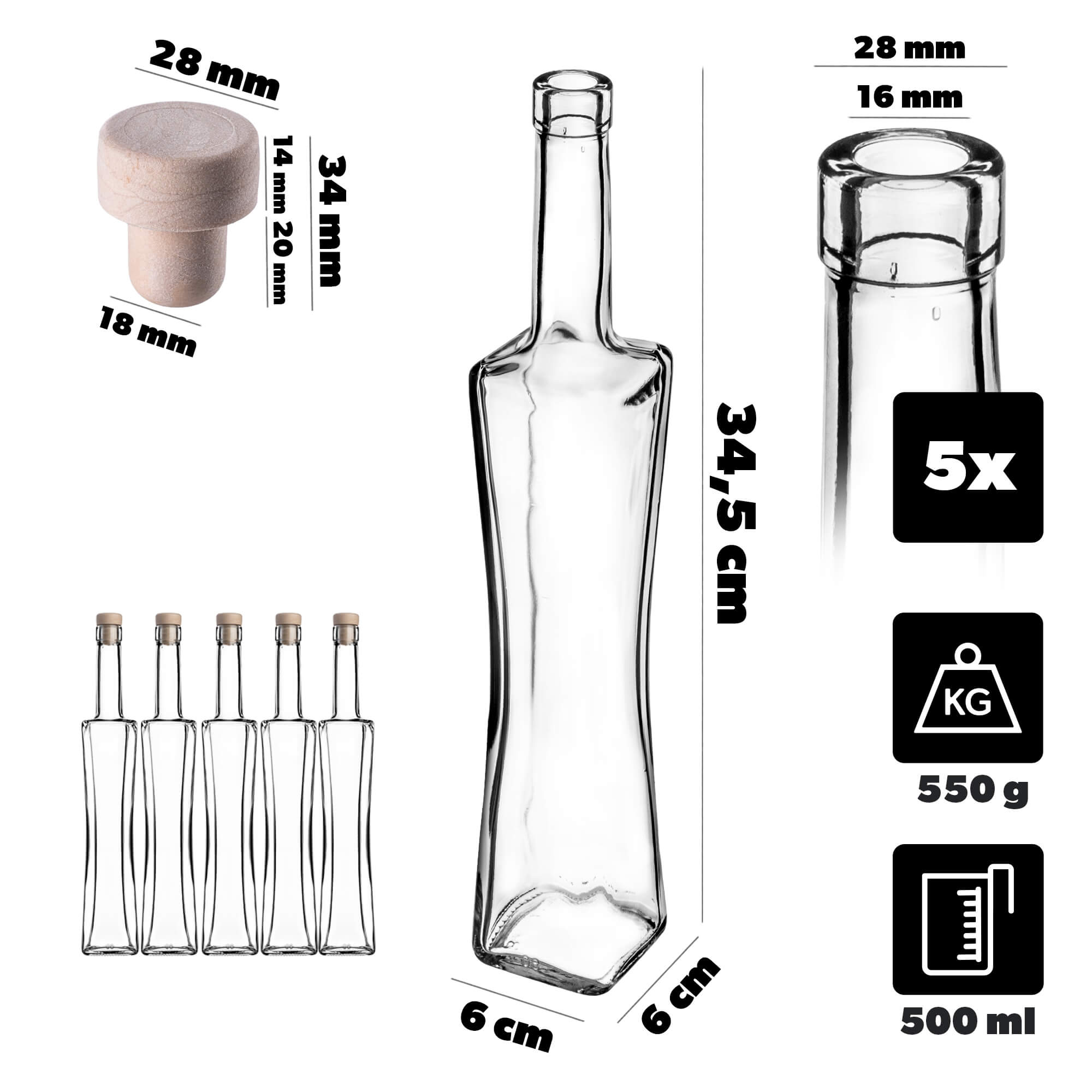 Butelka Quadra 500ml z korkiem syntetycznym 5 szt.