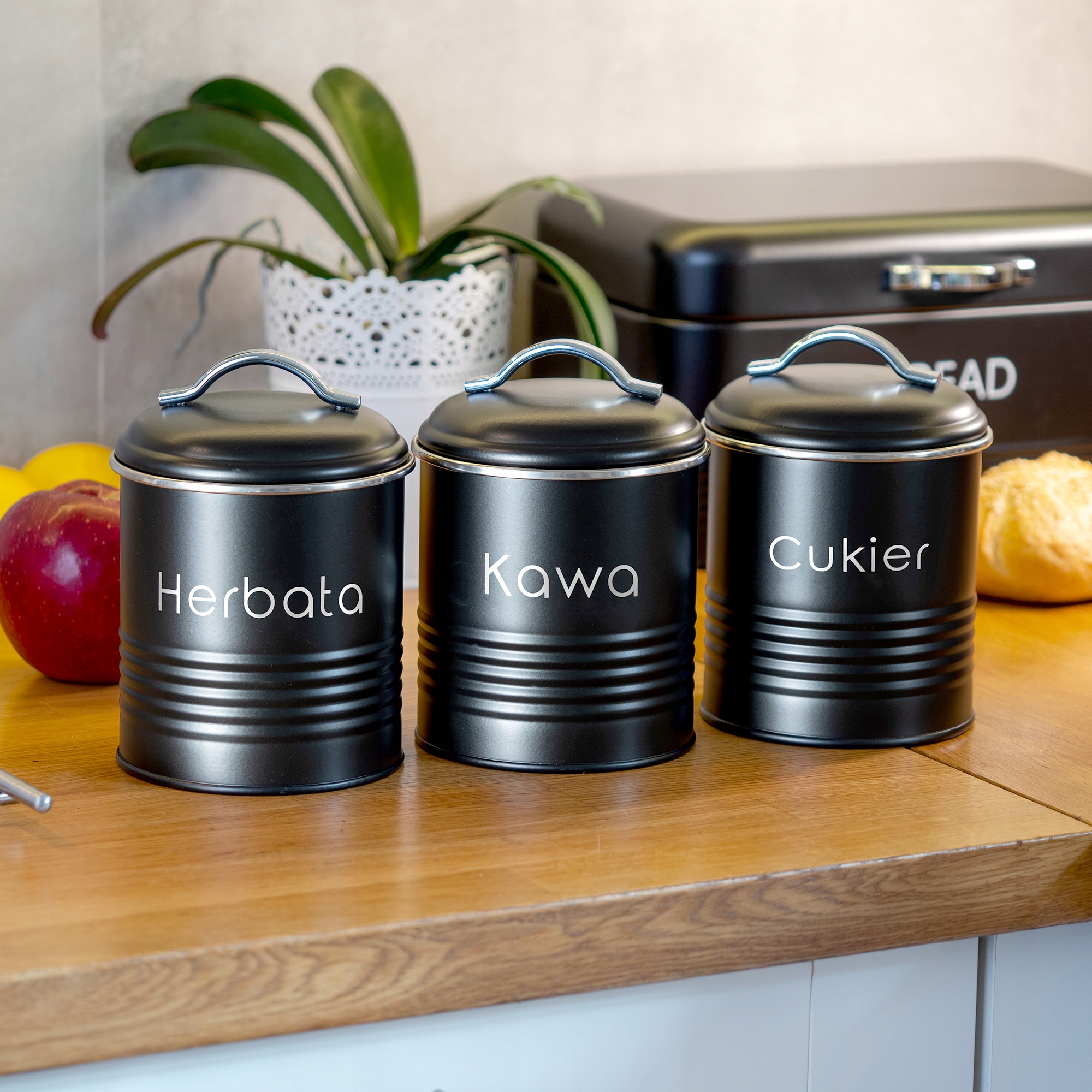 Zestaw pojemników Tufo na chleb, kawę, herbatę i cukier, czarny