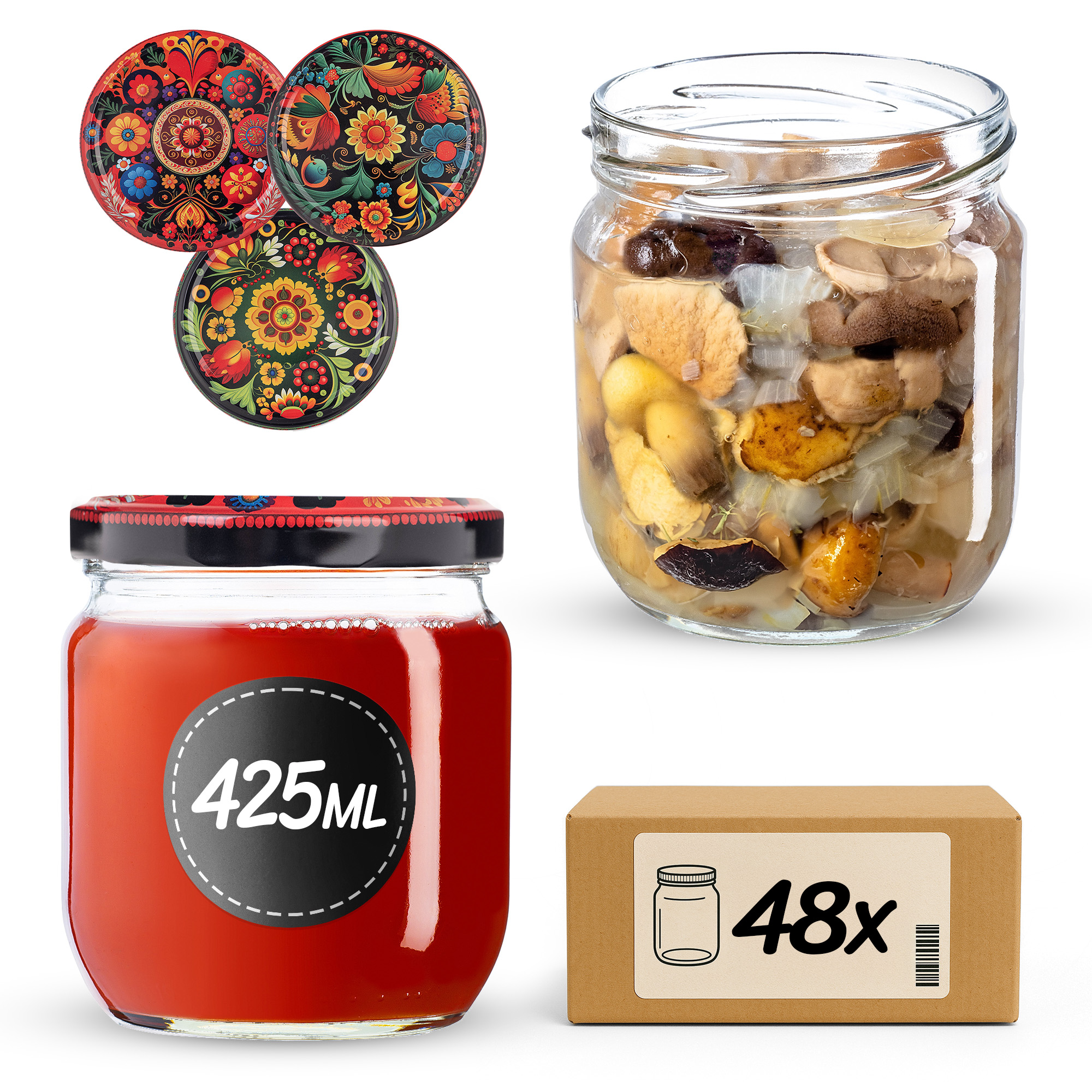 Słoiki na przetwory Salla 425ml fi82mm 48szt + wieczko Haftowanka