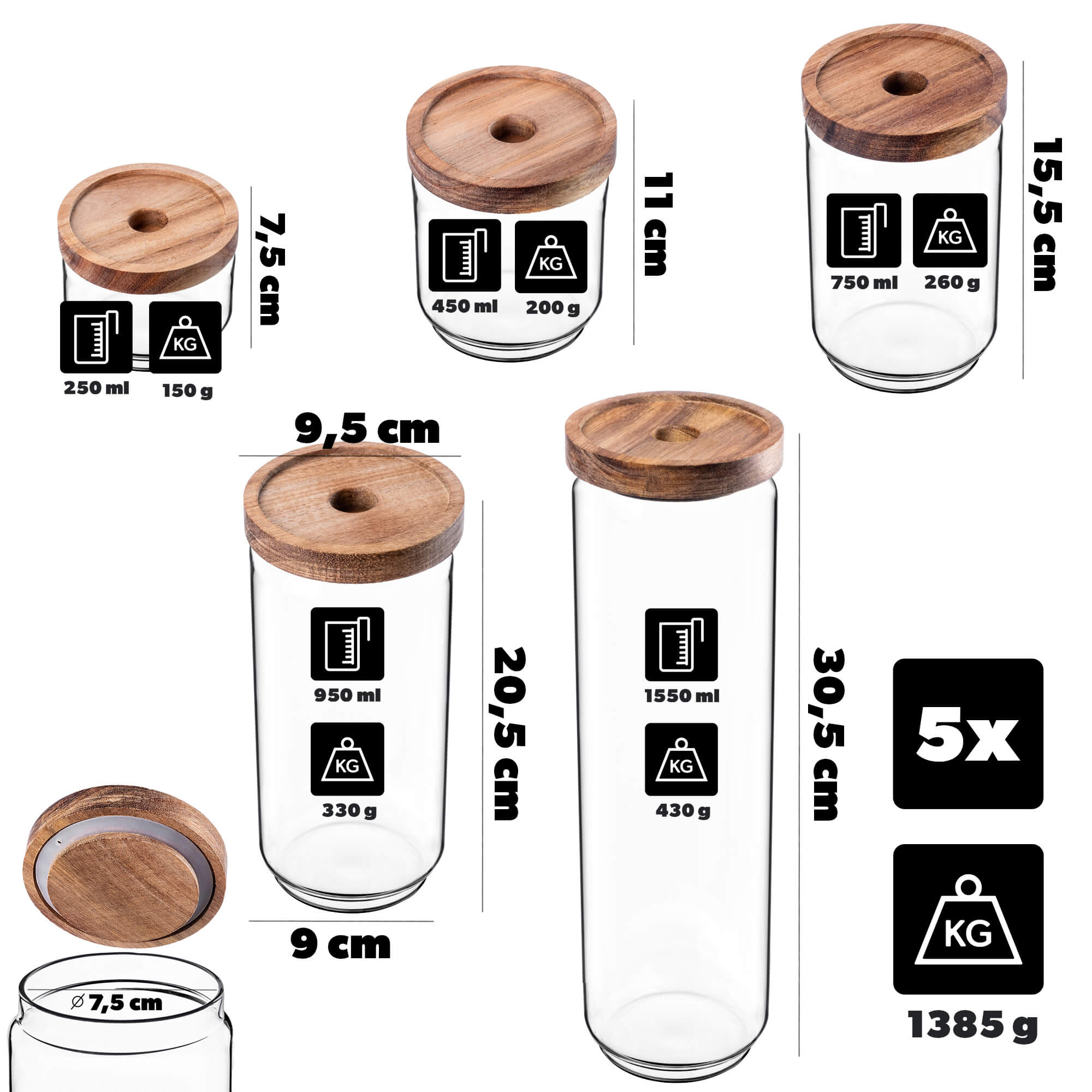 Zestaw pojemników szklanych na żywność Rucce z drewnianą pokrywką 250ml+450ml+750ml+950ml+1550ml