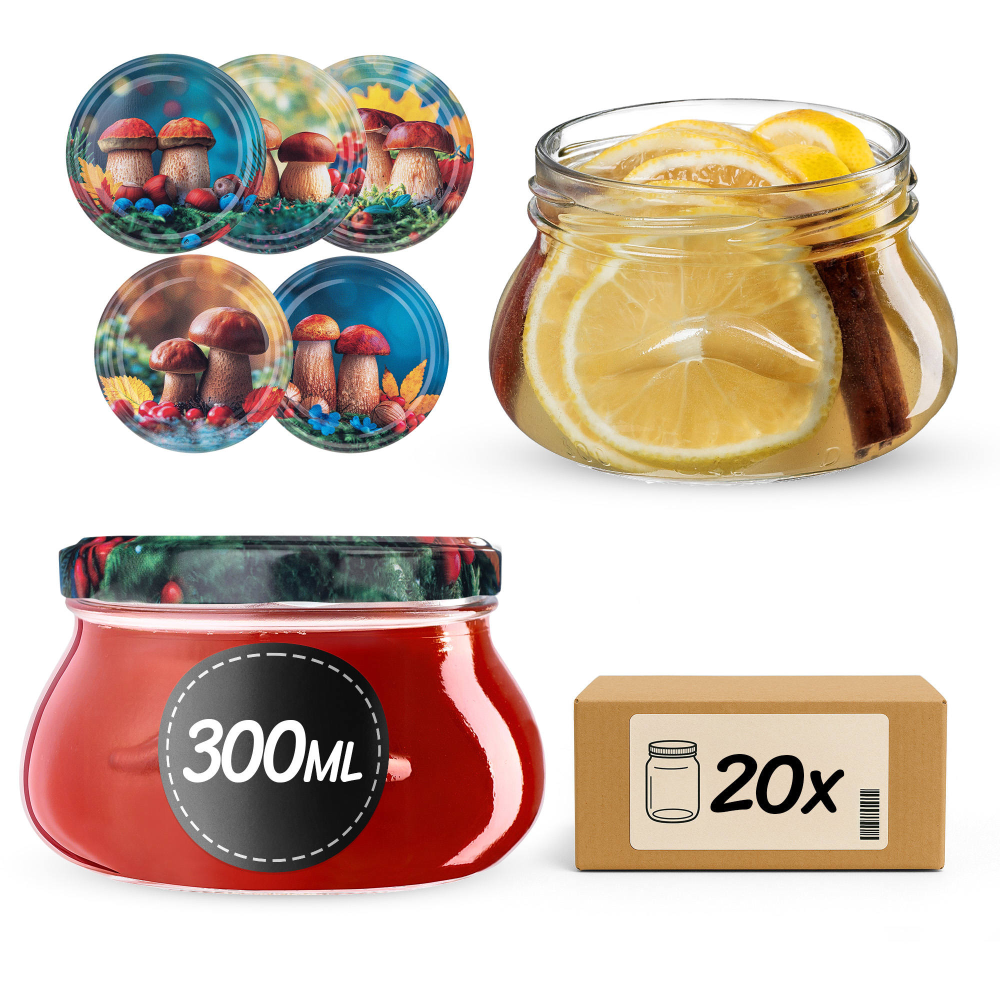 Słoiki na przetwory Raja 300ml fi82mm 20szt + wieczko Grzyb polski