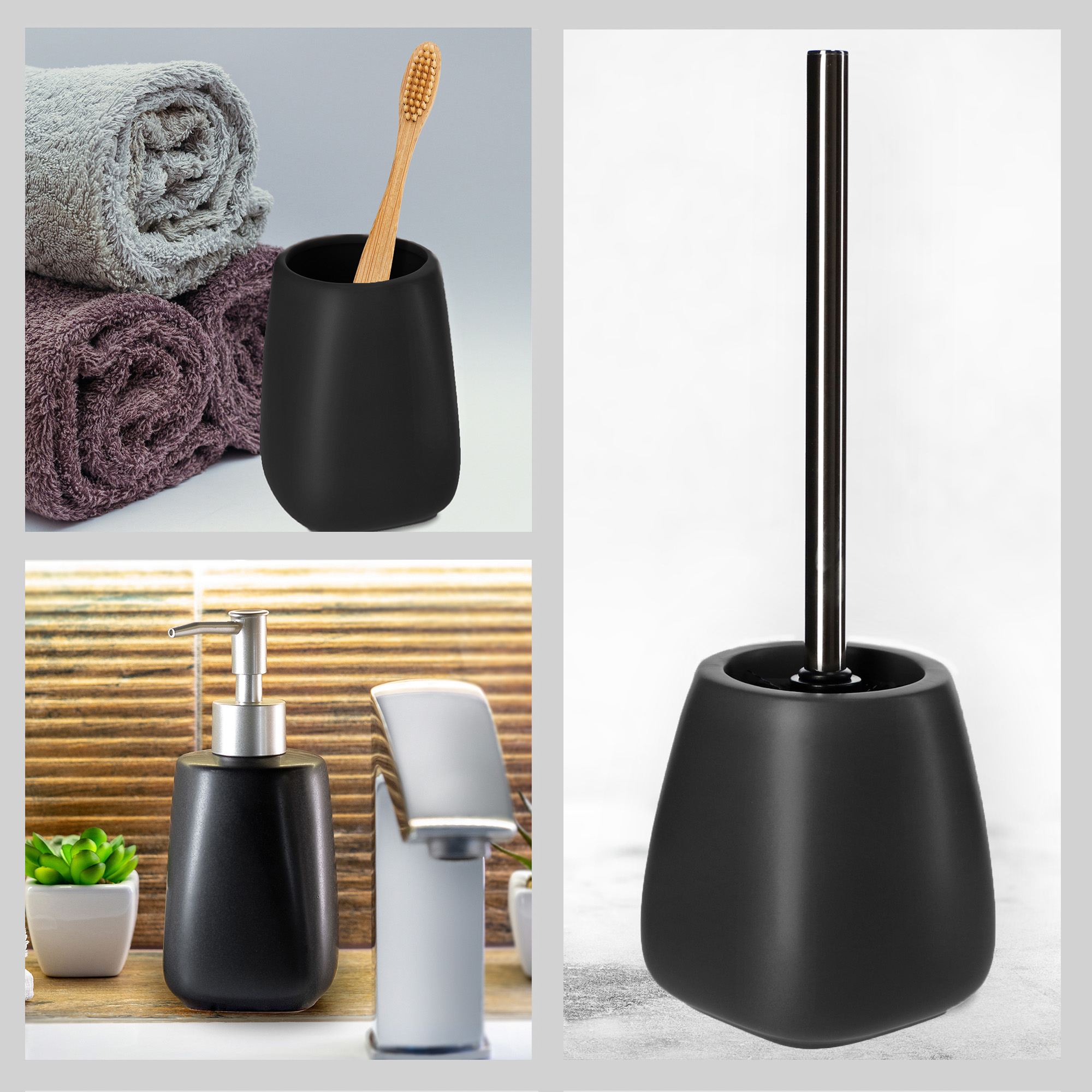 Zestaw łazienkowy szczotka WC + kubek + dozownik, czarny