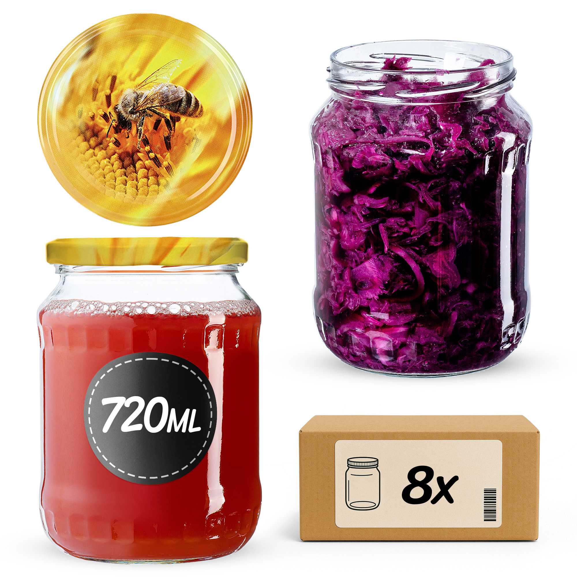 Słoiki na przetwory Jukka 720ml 8szt 82mm + wieczka "Pszczoły"