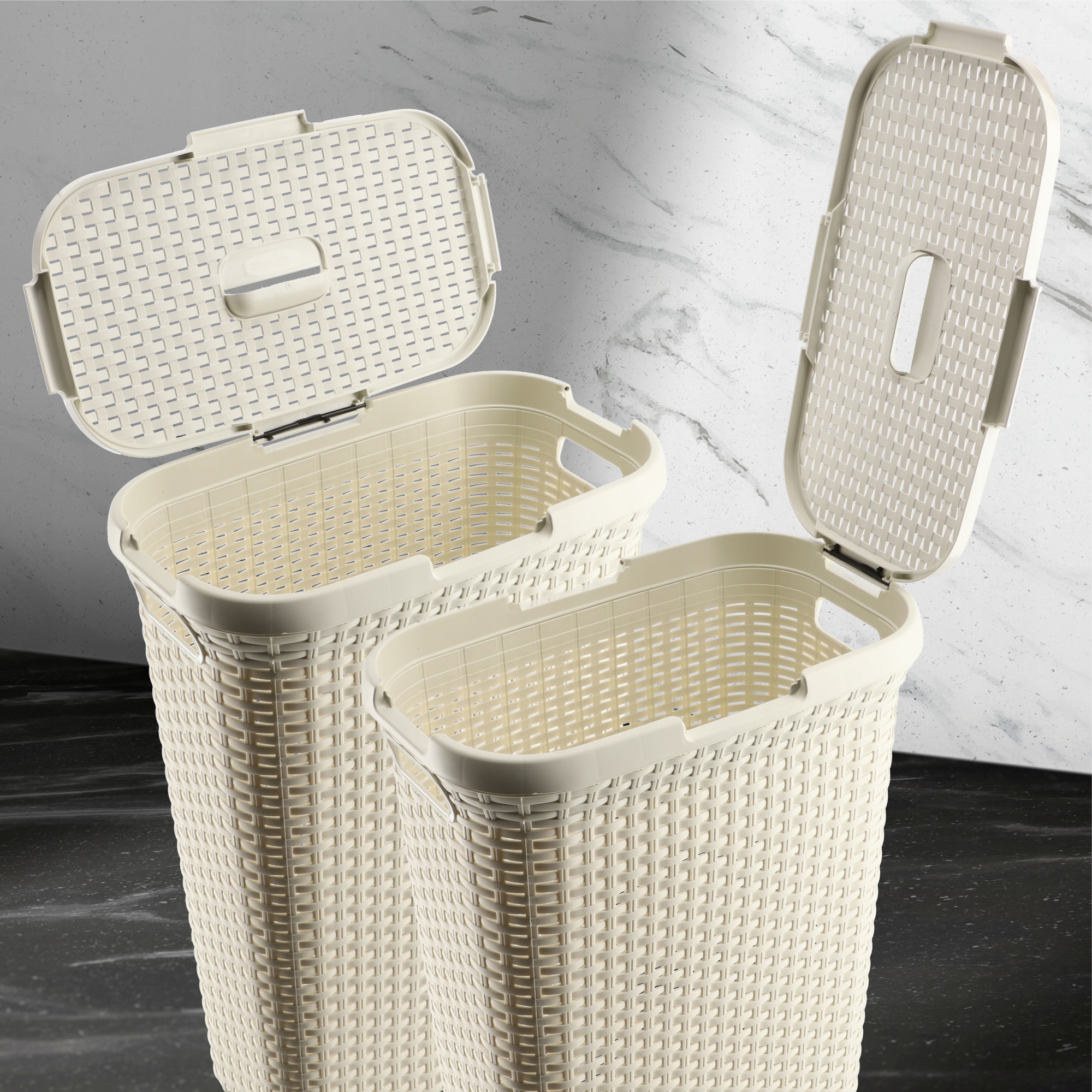 Kosz z pokrywą 40L + pojemnik 45L Curver Natural Style kremowy