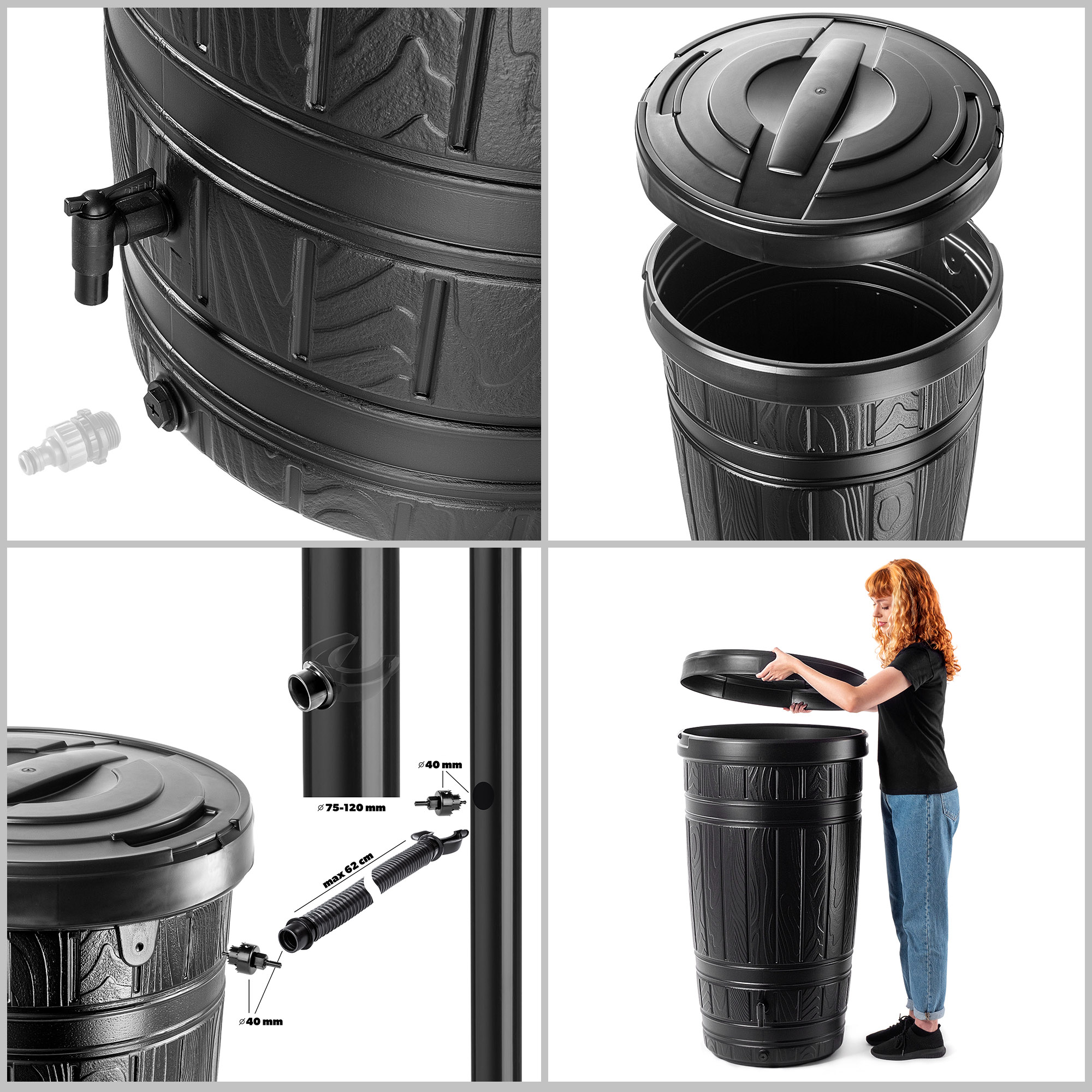 Zbiornik na deszczówkę Onigo 265L z zestawem przyłączeniowym i podstawką