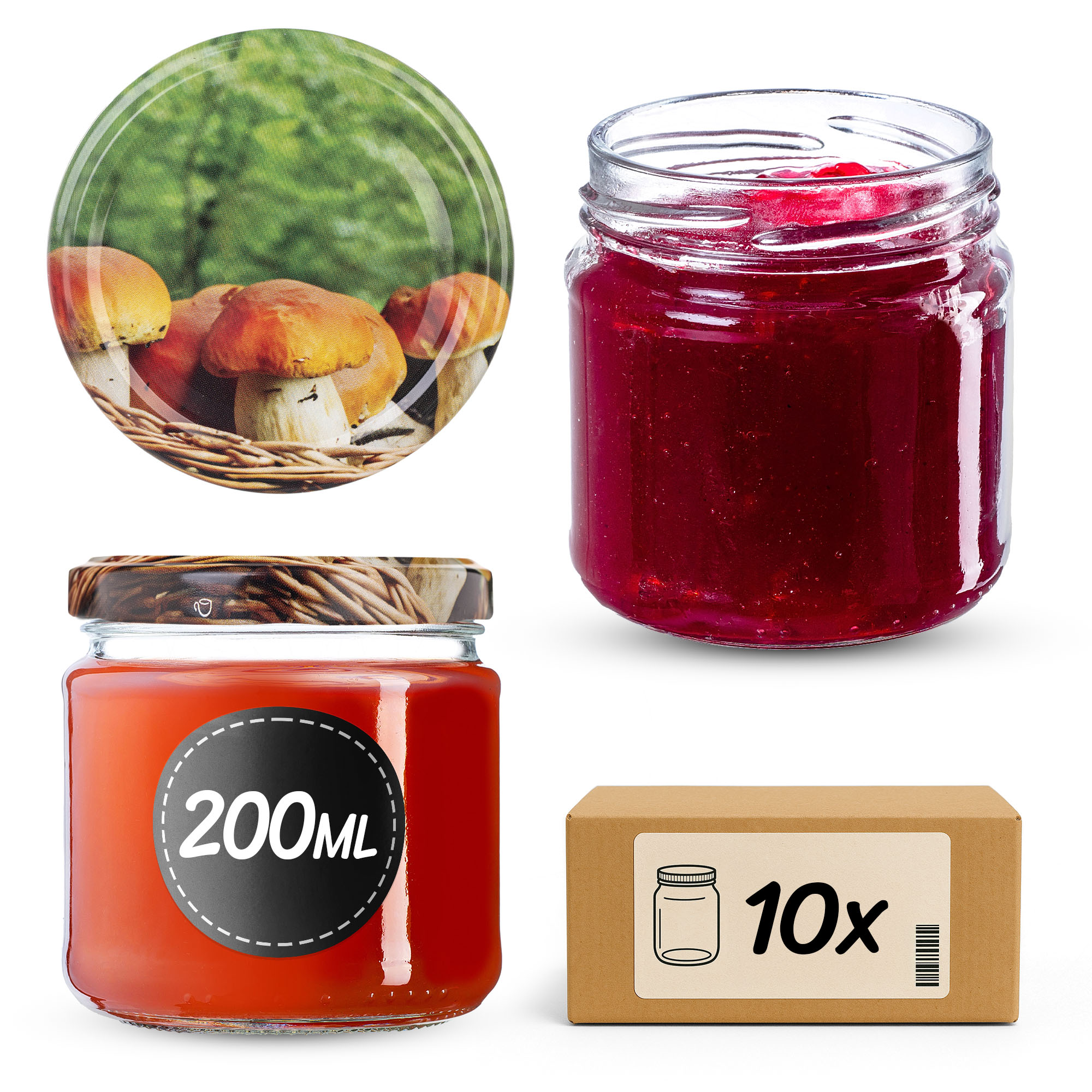 Słoiki na przetwory Lerma 200ml 10szt 66mm + wieczka "Grzyby w koszyku"