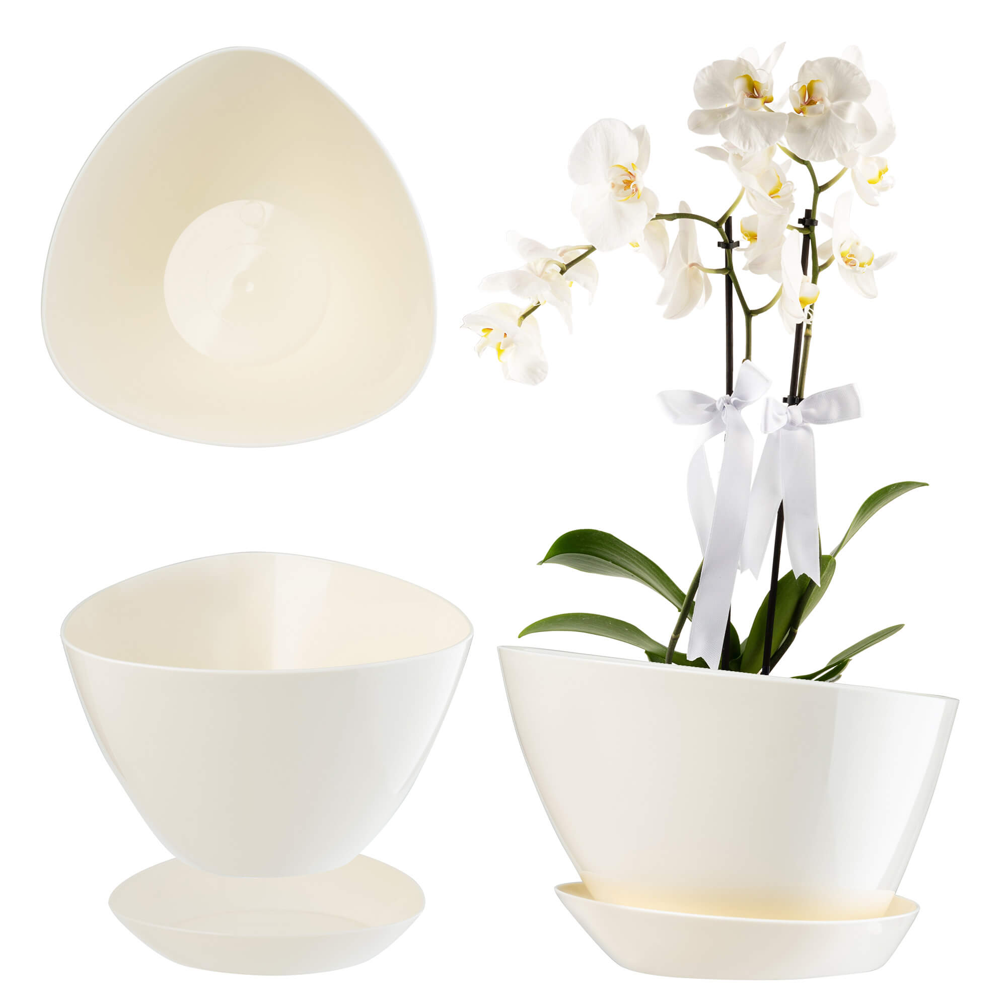 Doniczka trójkątna z podstawką 23 x 16 cm, kremowa