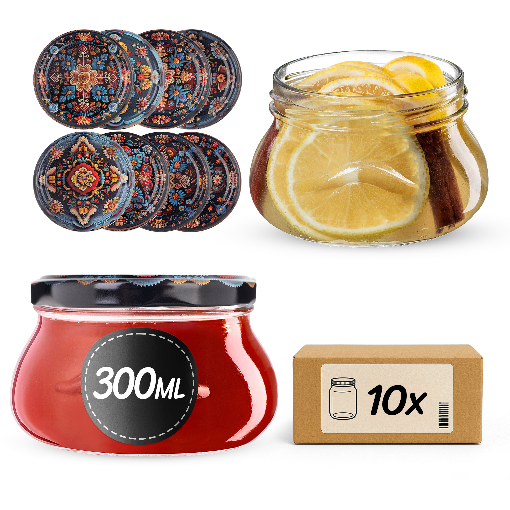Słoiki na przetwory Raja 300ml fi82mm 10szt + wieczko Haftowanka