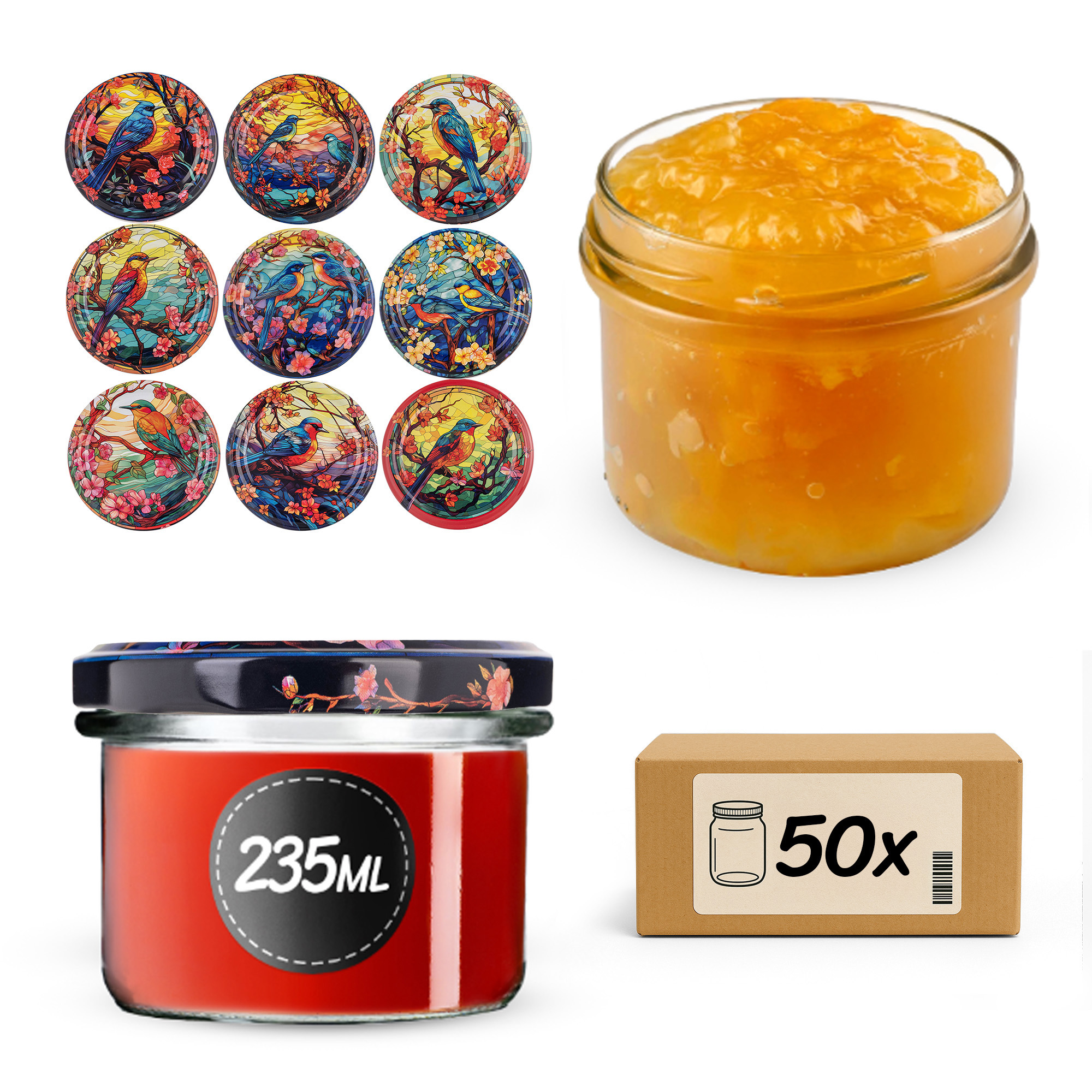 Słoiki na przetwory Tartu 235ml fi82mm 50szt + wieczko Ptaki
