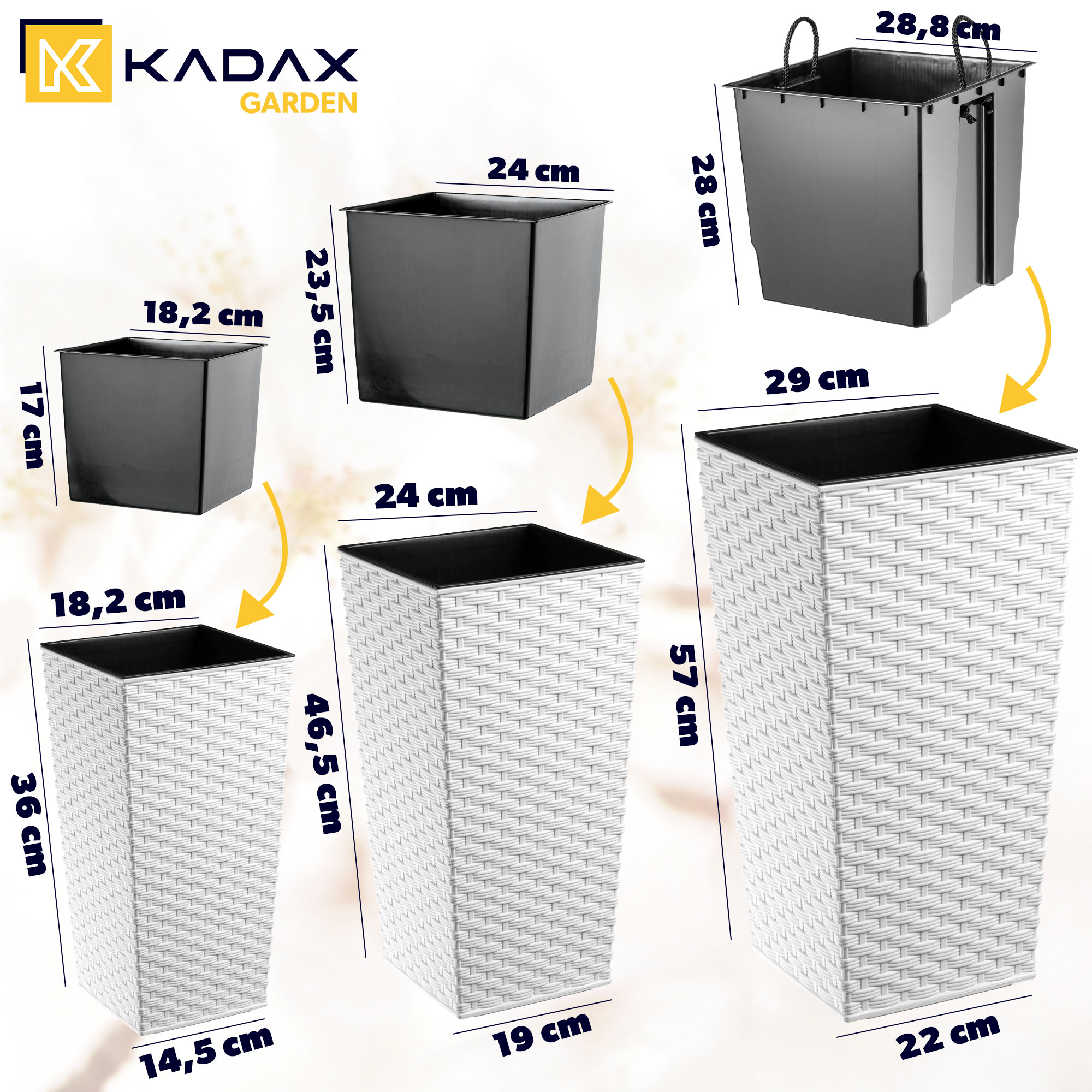 Donice na kwiaty z wkładem Pesaro rattan 19 cm + 25 cm + 30 cm, białe