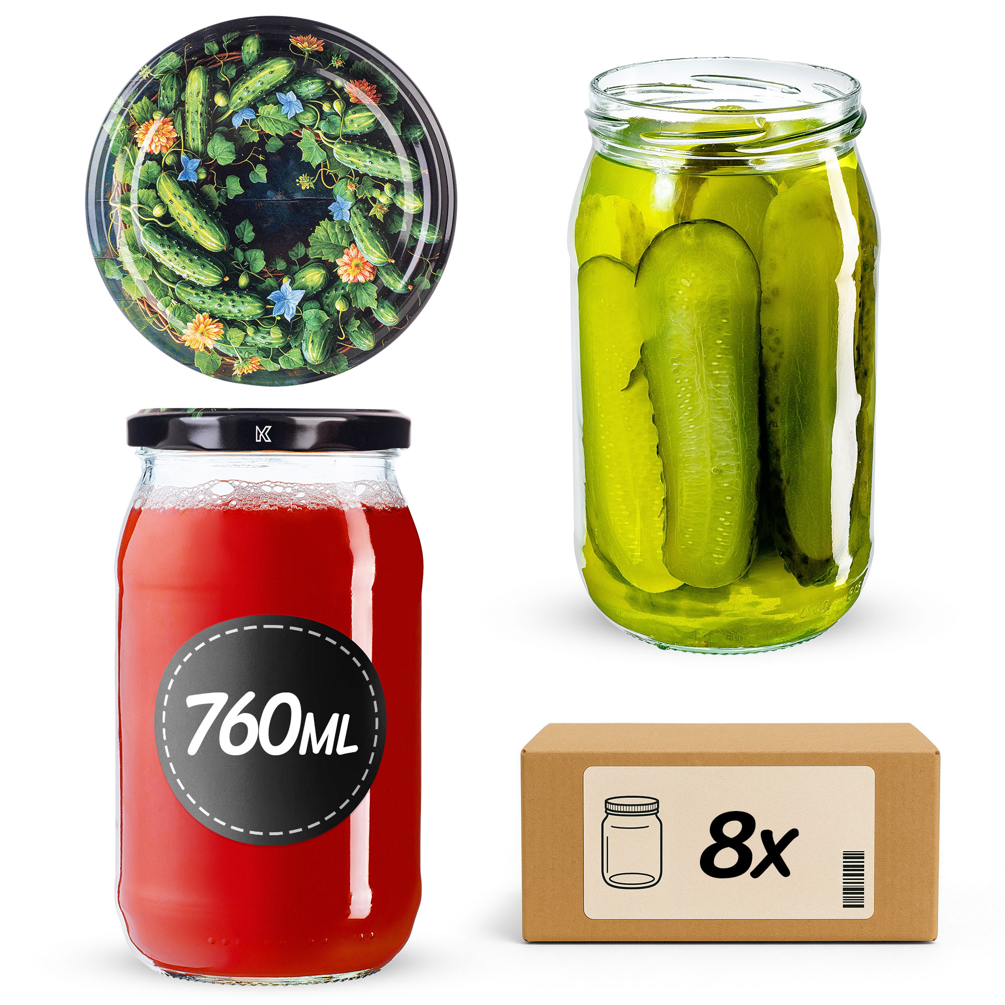 Słoiki na przetwory Niva 760ml fi82mm 8szt + wieczko Ogórki czarne