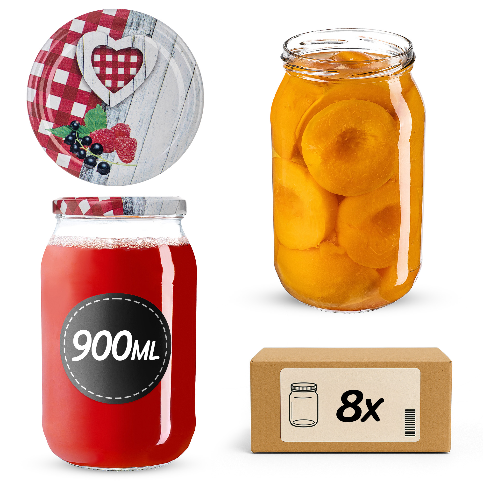 Słoiki na przetwory Simo 900ml fi82mm 8szt + wieczko Krata z serduszkiem