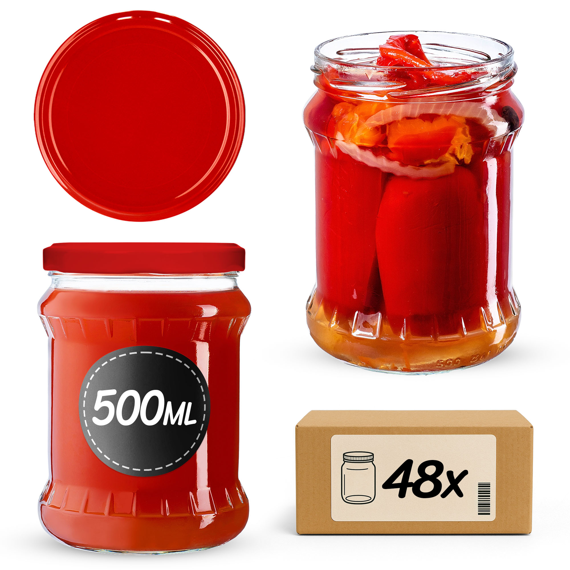 Słoiki na przetwory Kisko 500ml 48szt 82mm + wieczka czerwone