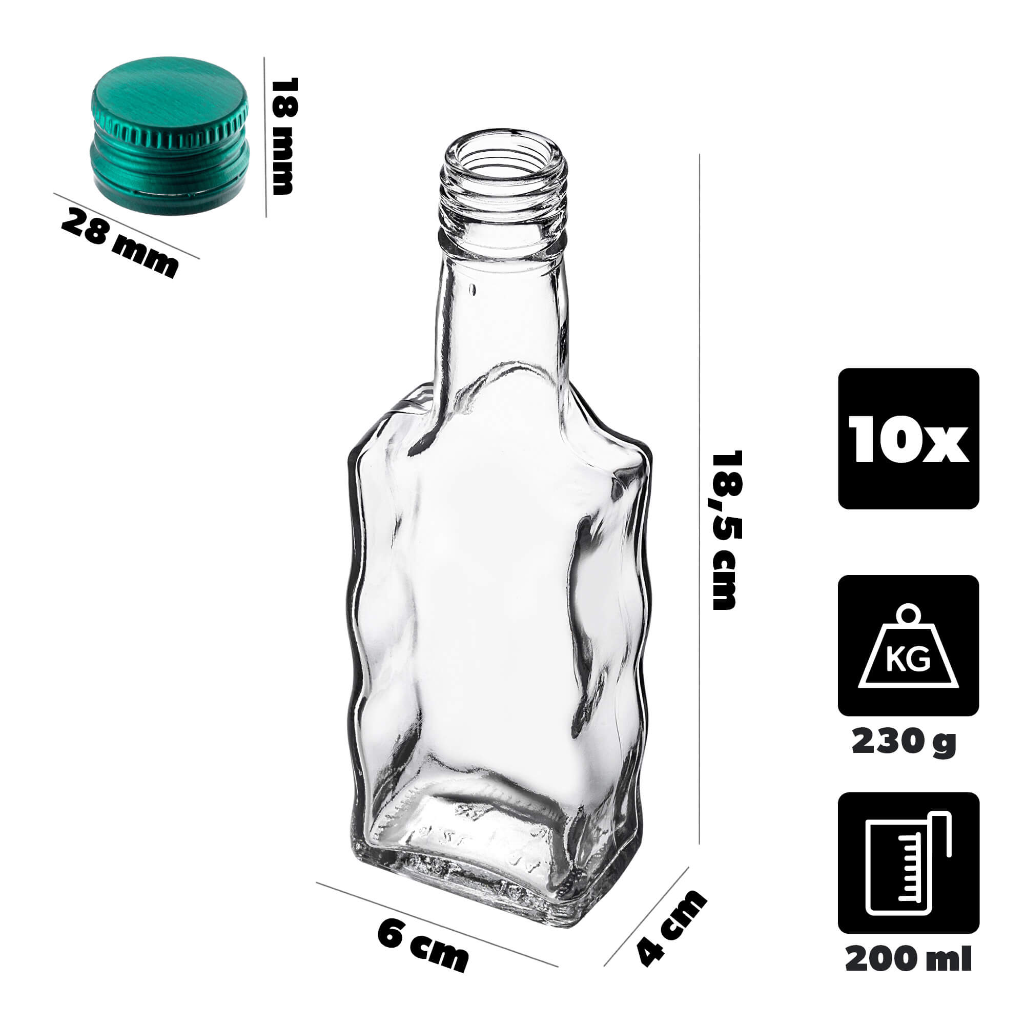 Szklana butelka na nalewkę Fala 200ml z zieloną zakrętką 10 szt.