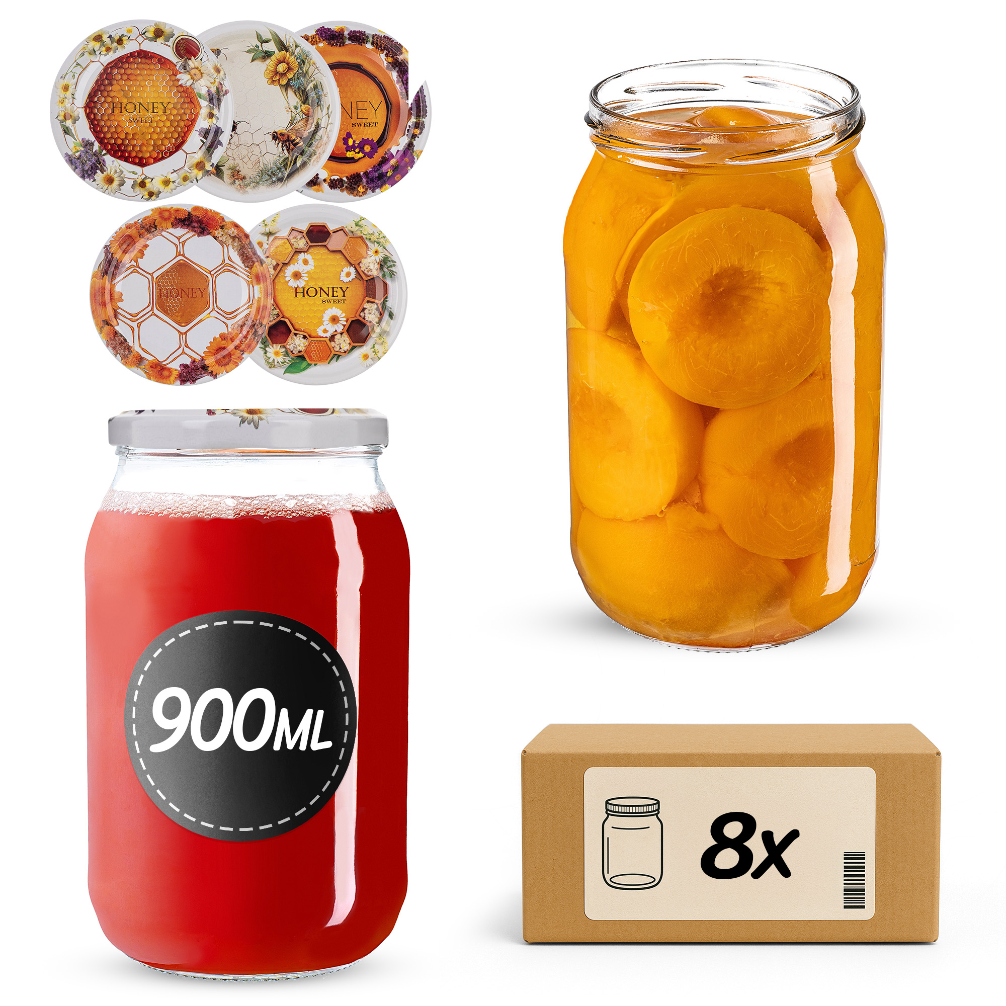 Słoiki na przetwory Simo 900ml fi82mm 8szt + wieczko Miodowy mix