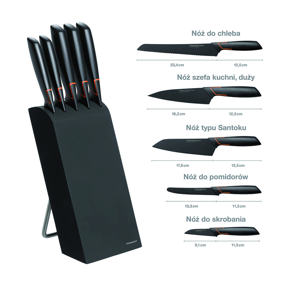 Fiskars 1003099 Edge Zestaw 5 noży w bloku: nóż do skrobania, nóż