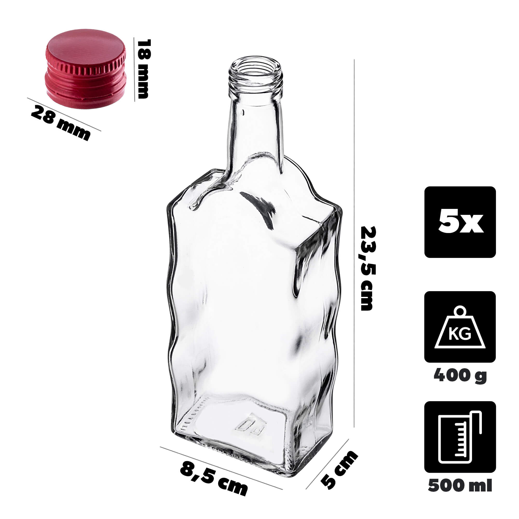 Szklana butelka na nalewkę Fala 500ml z czerwoną zakrętką 5 szt.