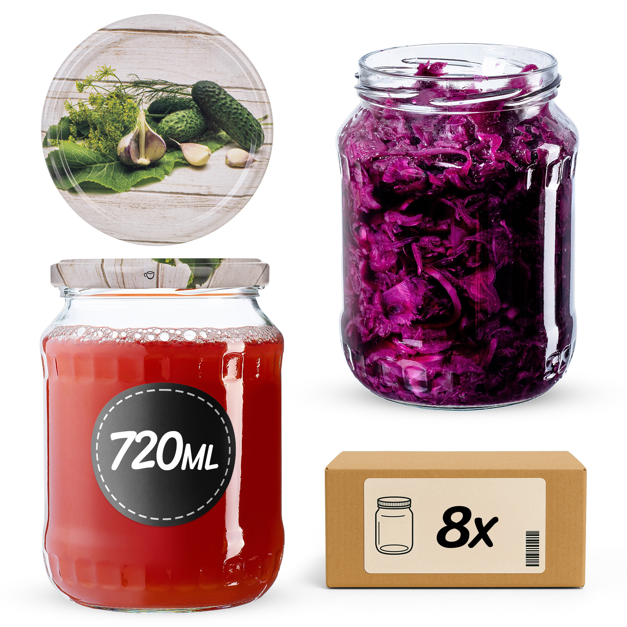Słoiki na przetwory Jukka 720ml fi82mm 8szt + wieczko Ogórek