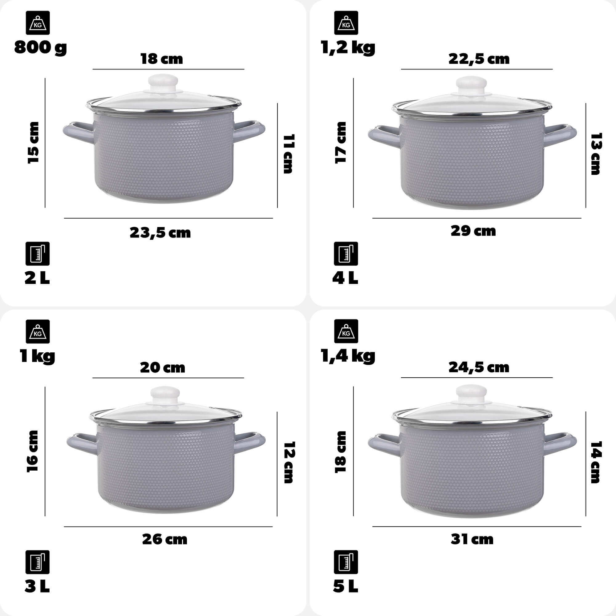 Zestaw garnków emaliowanych Pruno 2L + 3L + 4L + 5L jasne szare