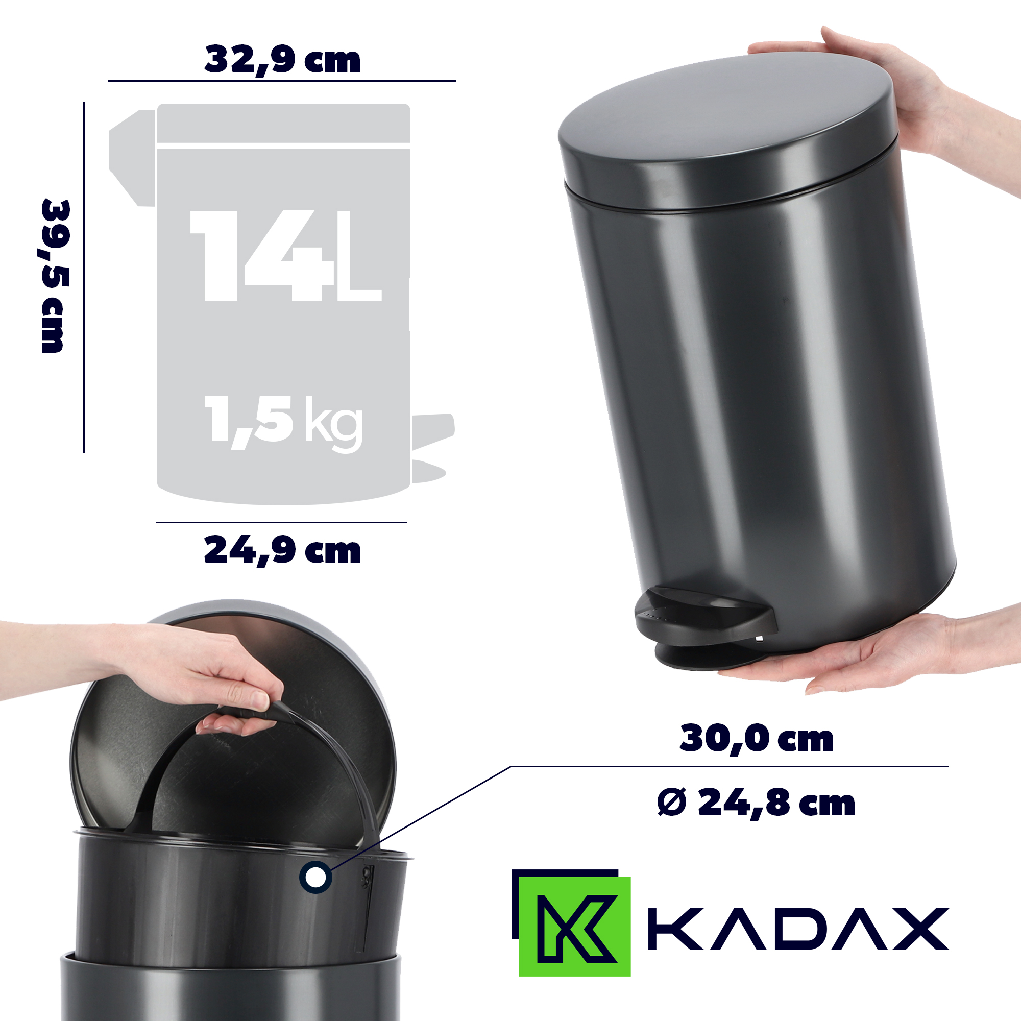 Stalowy kosz na śmieci Melfi 14L, czarny