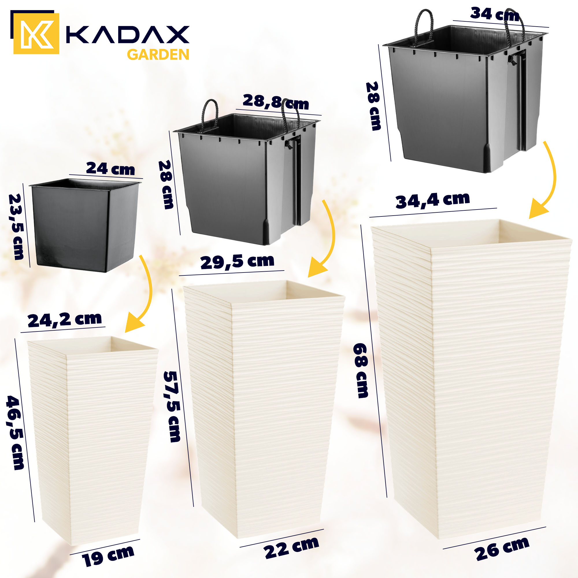 Donice z wkładem Tuluza dłuto 25 cm + 30 cm + 35 cm, kremowe