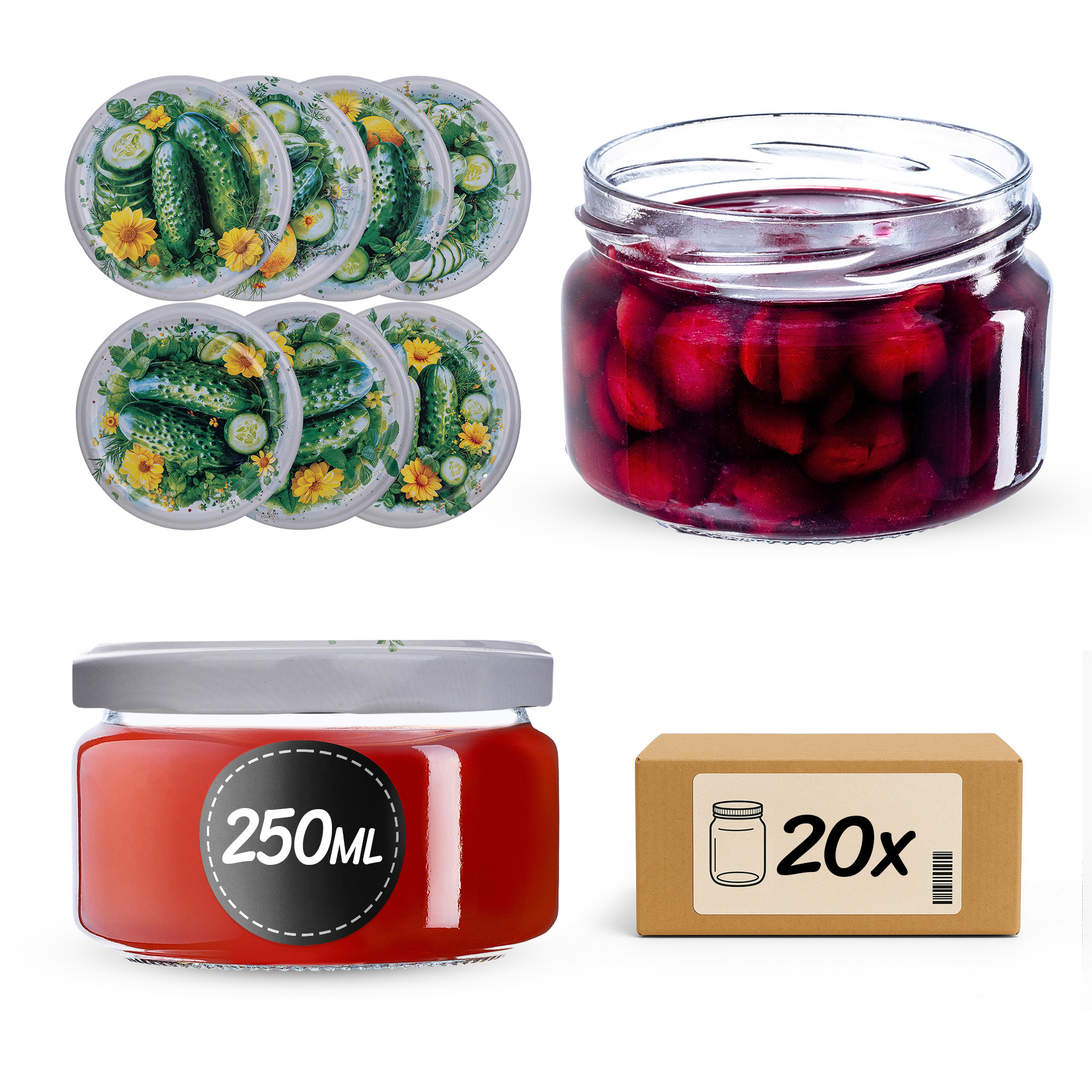 Słoiki na przetwory Denia 250ml 20szt 82mm + wieczko "Ogórki"