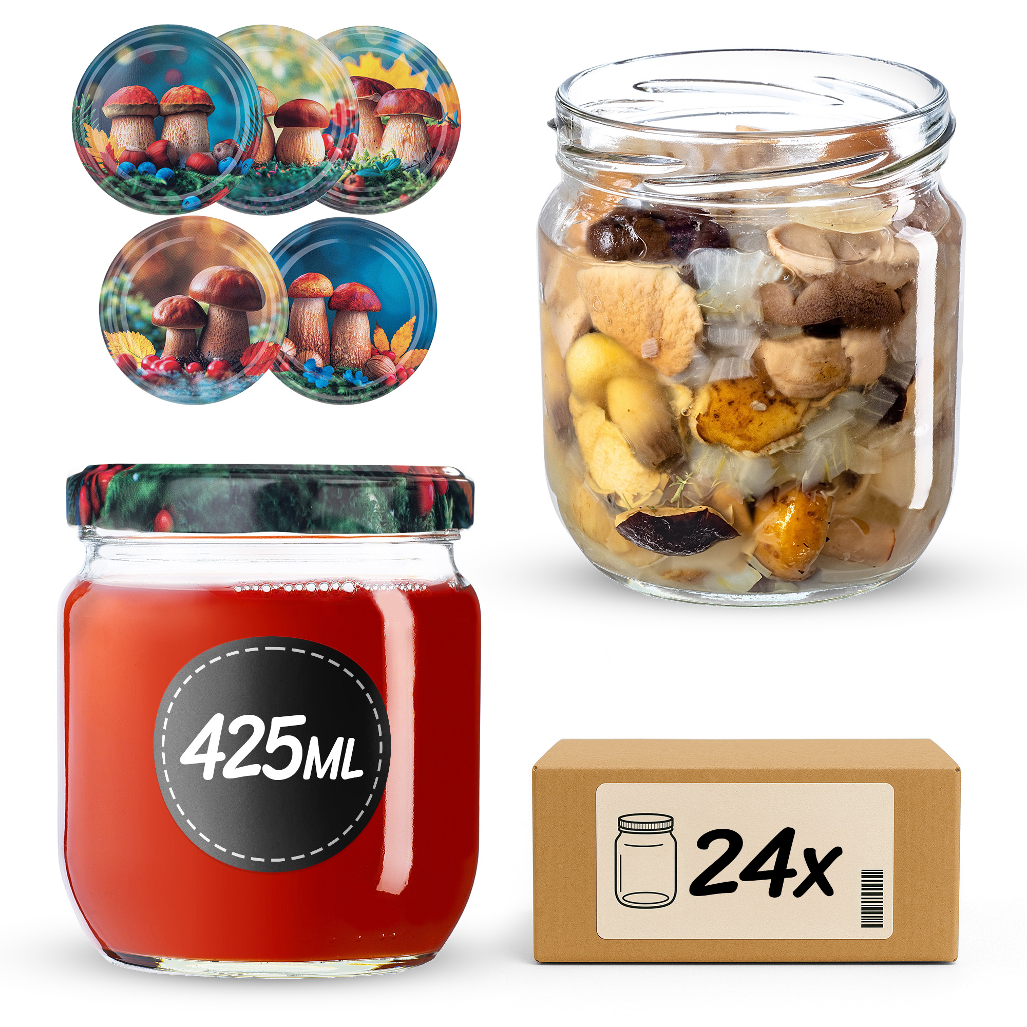 Słoiki na przetwory Salla 425ml fi82mm 24szt + wieczko Grzyb polski