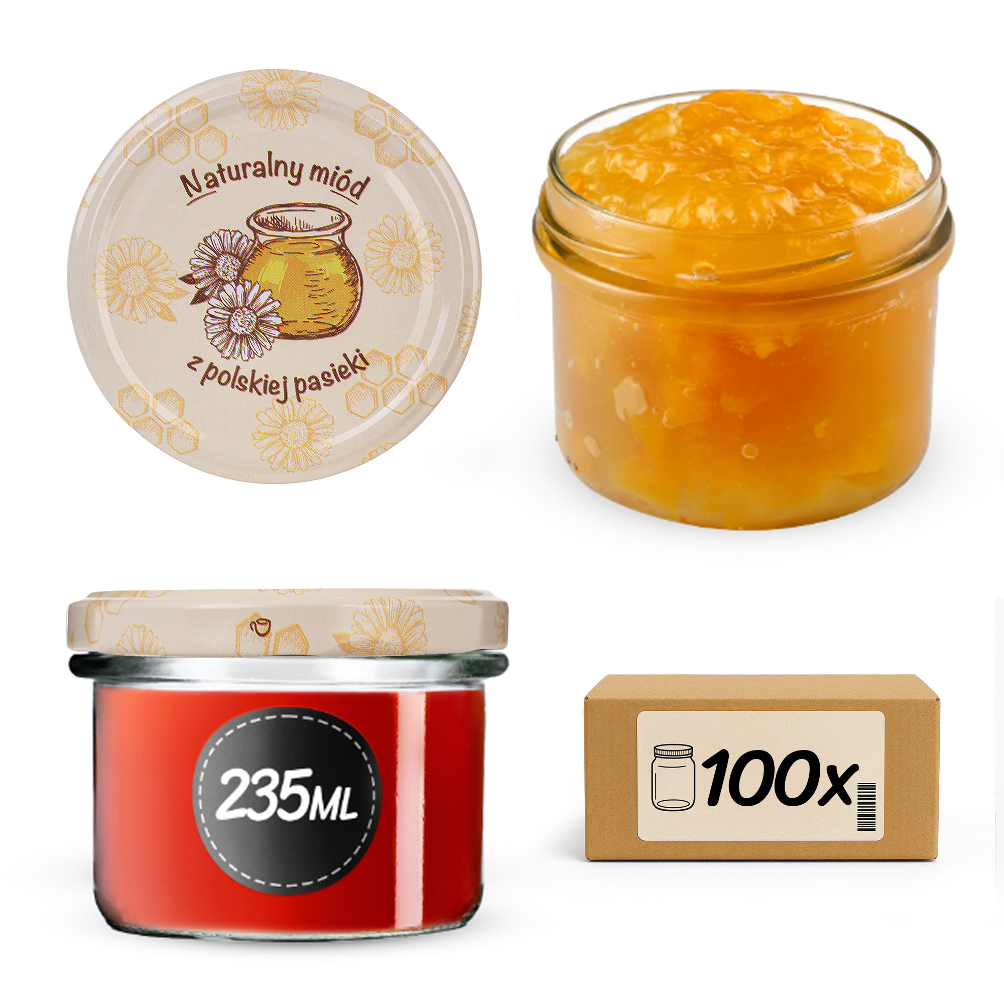 Słoiki na przetwory Tartu 235ml fi82mm 100szt + wieczko Miód z pasieki