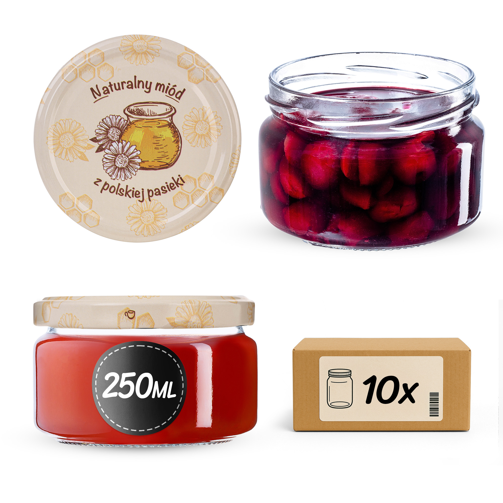 Słoiki na przetwory Denia 250ml 10szt 82mm + wieczko "Miód z pasieki"